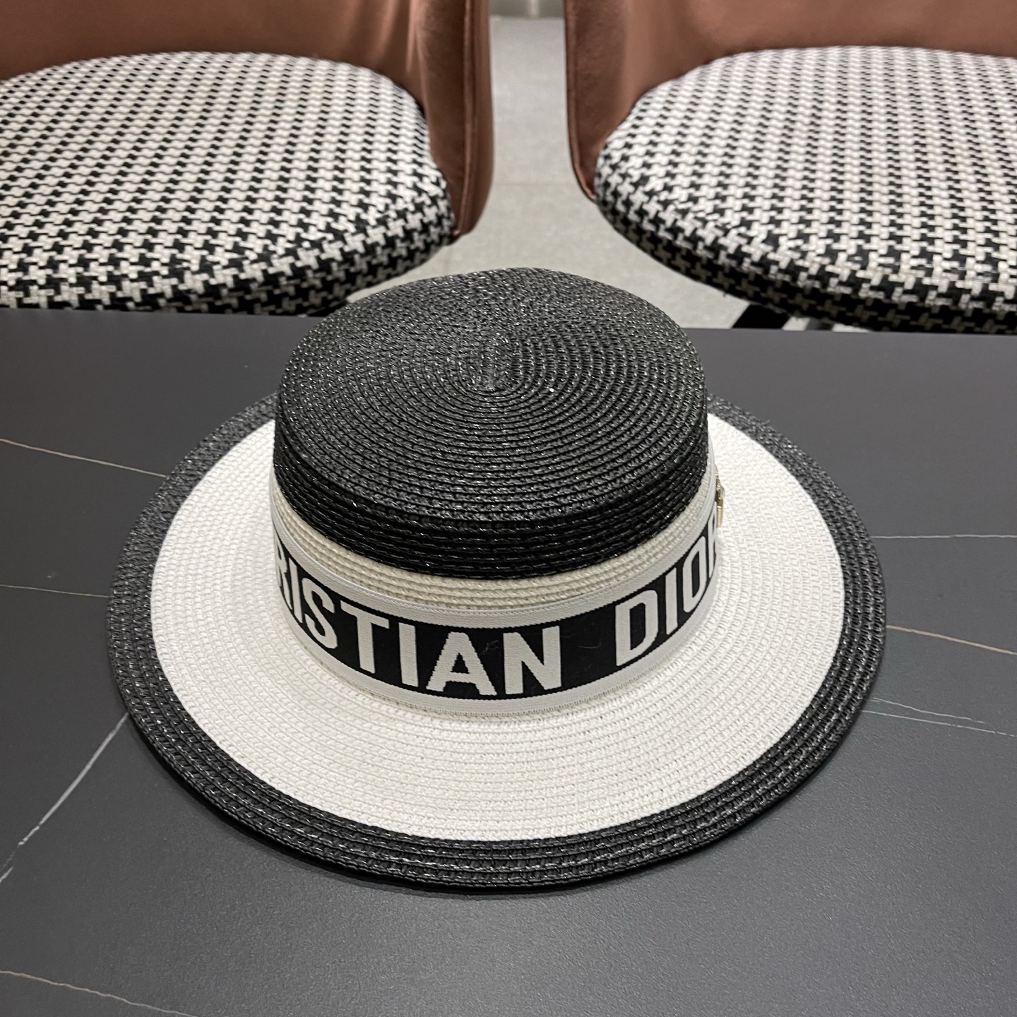 Dior迪奥新款拼色平顶草帽 头围57cm