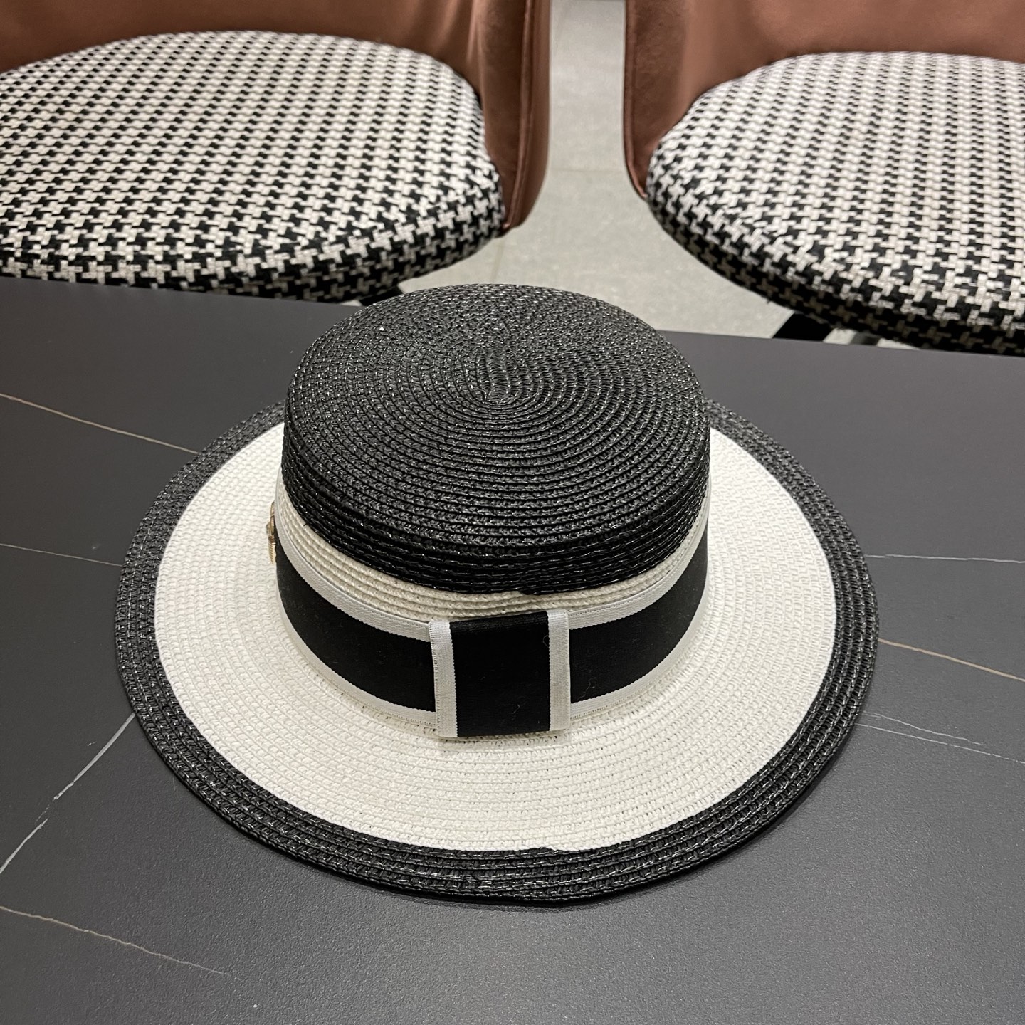 Dior迪奥新款拼色平顶草帽 头围57cm