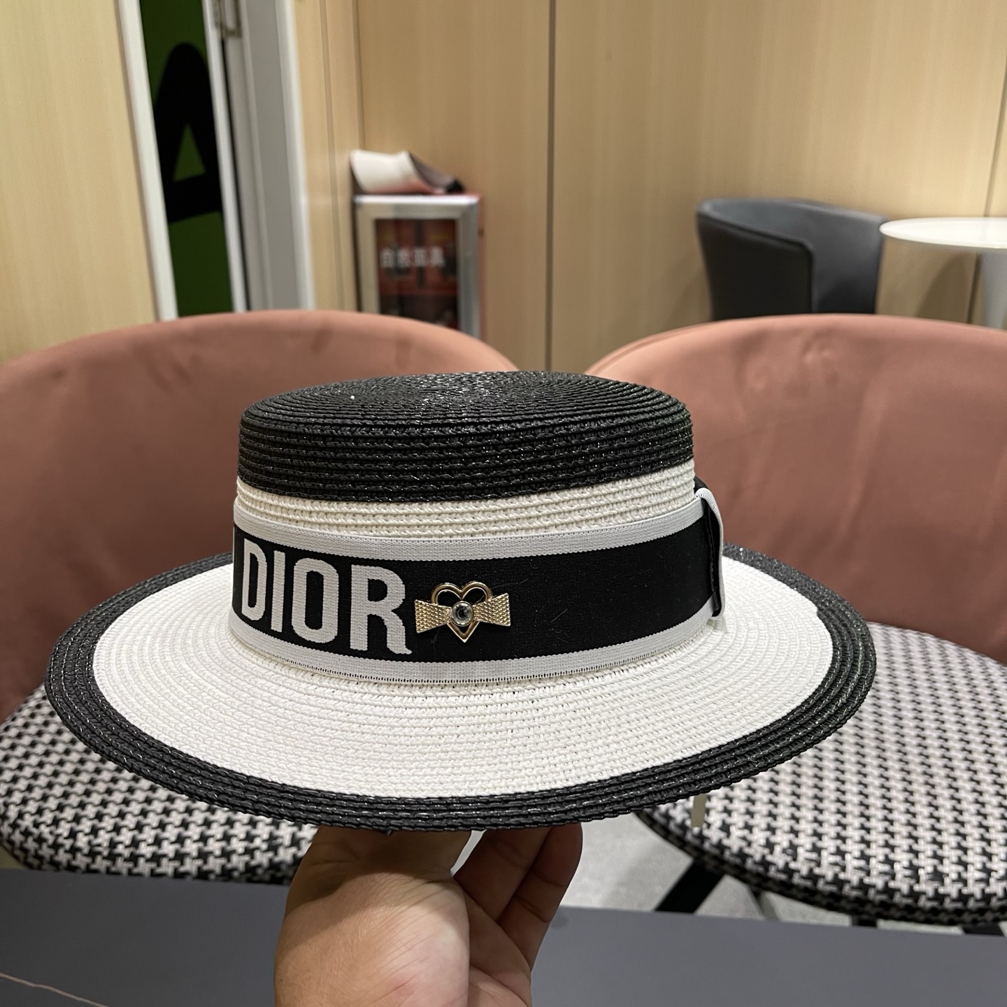 Dior迪奥新款拼色平顶草帽 头围57cm