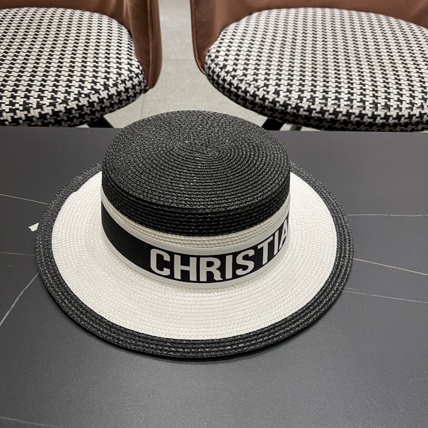 Dior迪奥新款拼色平顶草帽 头围57cm