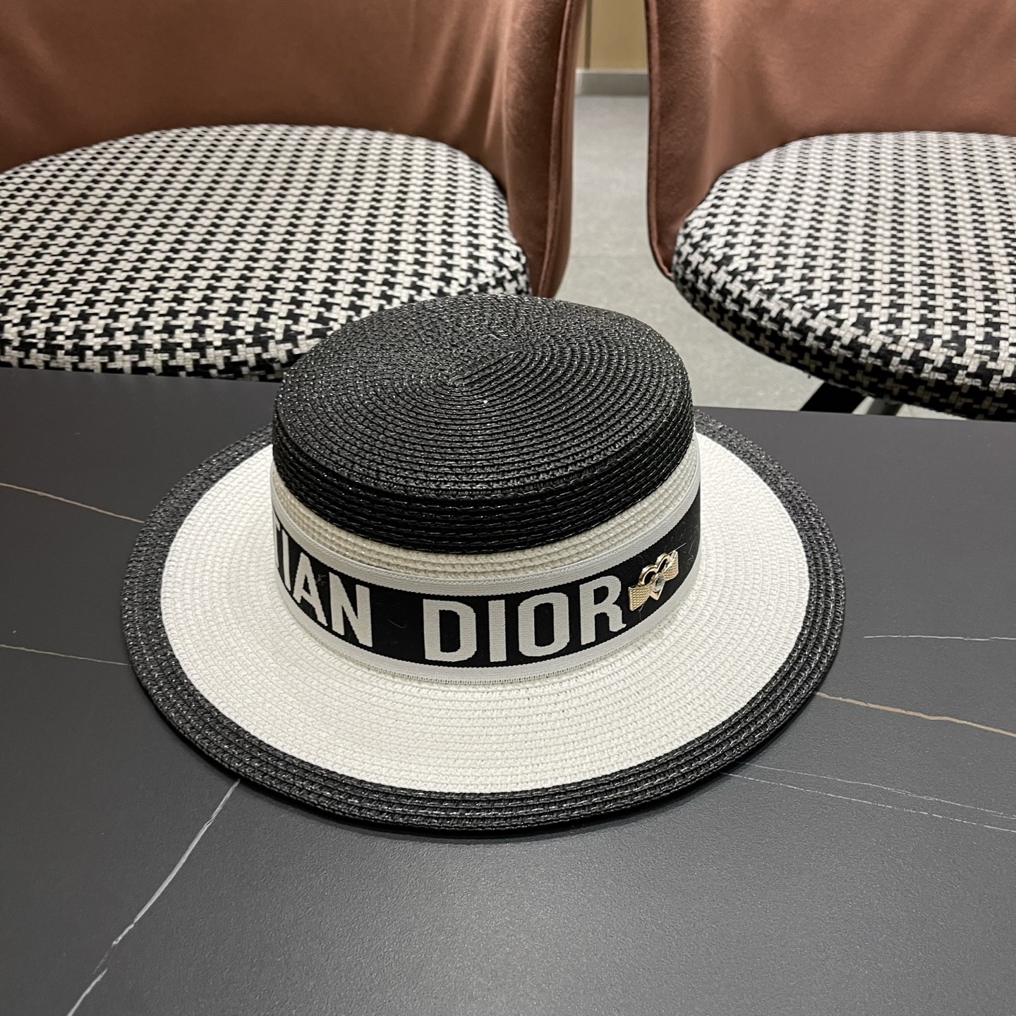 Dior迪奥新款拼色平顶草帽 头围57cm