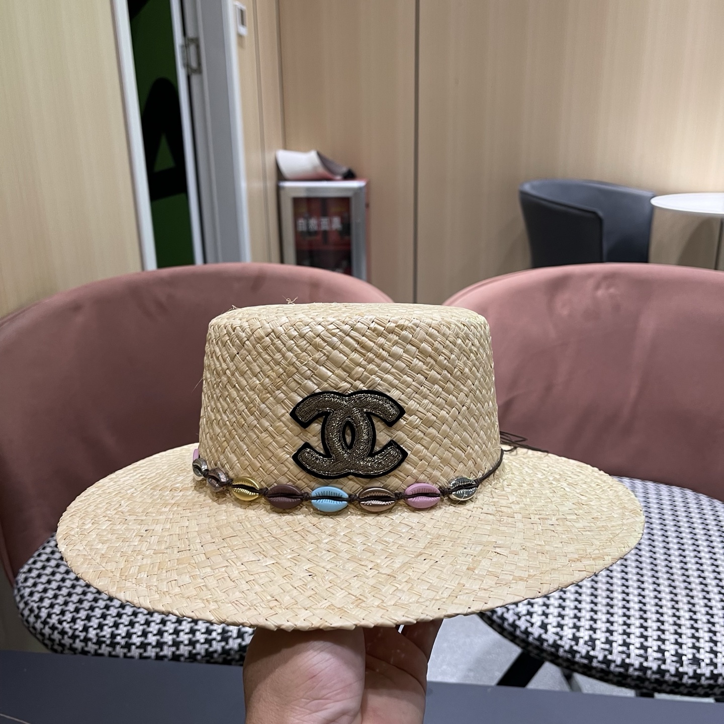 CHANEL香奈儿 简约串珠民族风平顶草帽男女夏季百搭草编防晒遮阳帽子海边沙滩帽