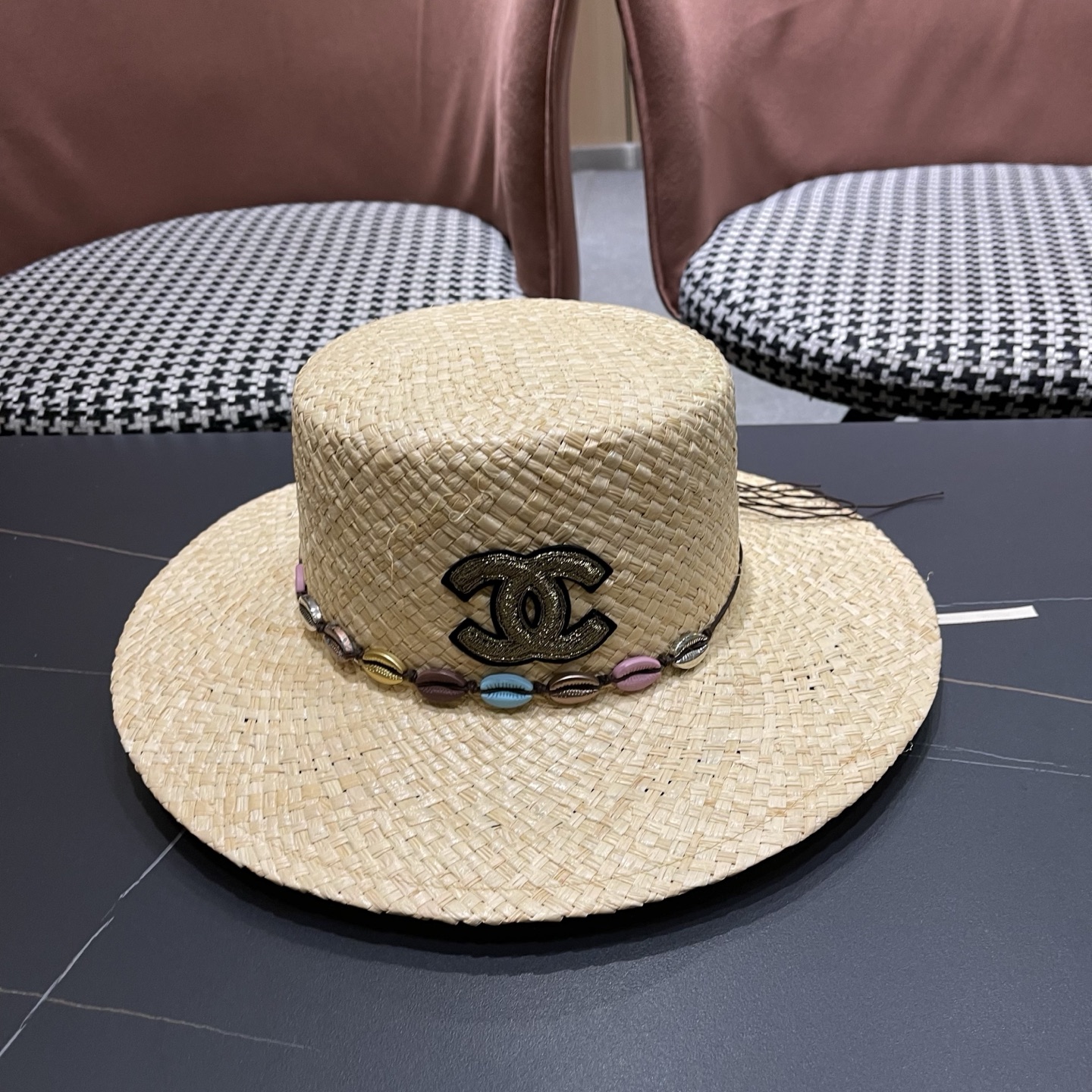 CHANEL香奈儿 简约串珠民族风平顶草帽男女夏季百搭草编防晒遮阳帽子海边沙滩帽