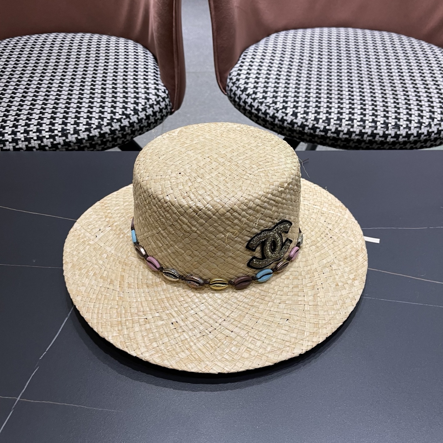 CHANEL香奈儿 简约串珠民族风平顶草帽男女夏季百搭草编防晒遮阳帽子海边沙滩帽