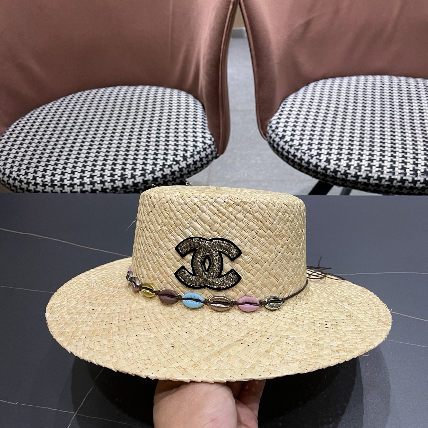 CHANEL香奈儿 简约串珠民族风平顶草帽男女夏季百搭草编防晒遮阳帽子海边沙滩帽