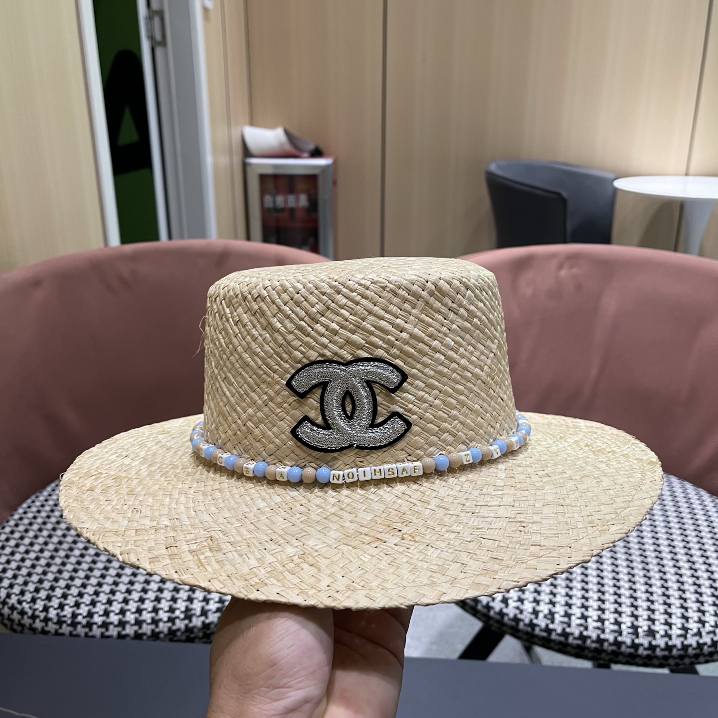 CHANEL香奈儿 简约串珠民族风平顶草帽男女夏季百搭草编防晒遮阳帽子海边沙滩帽