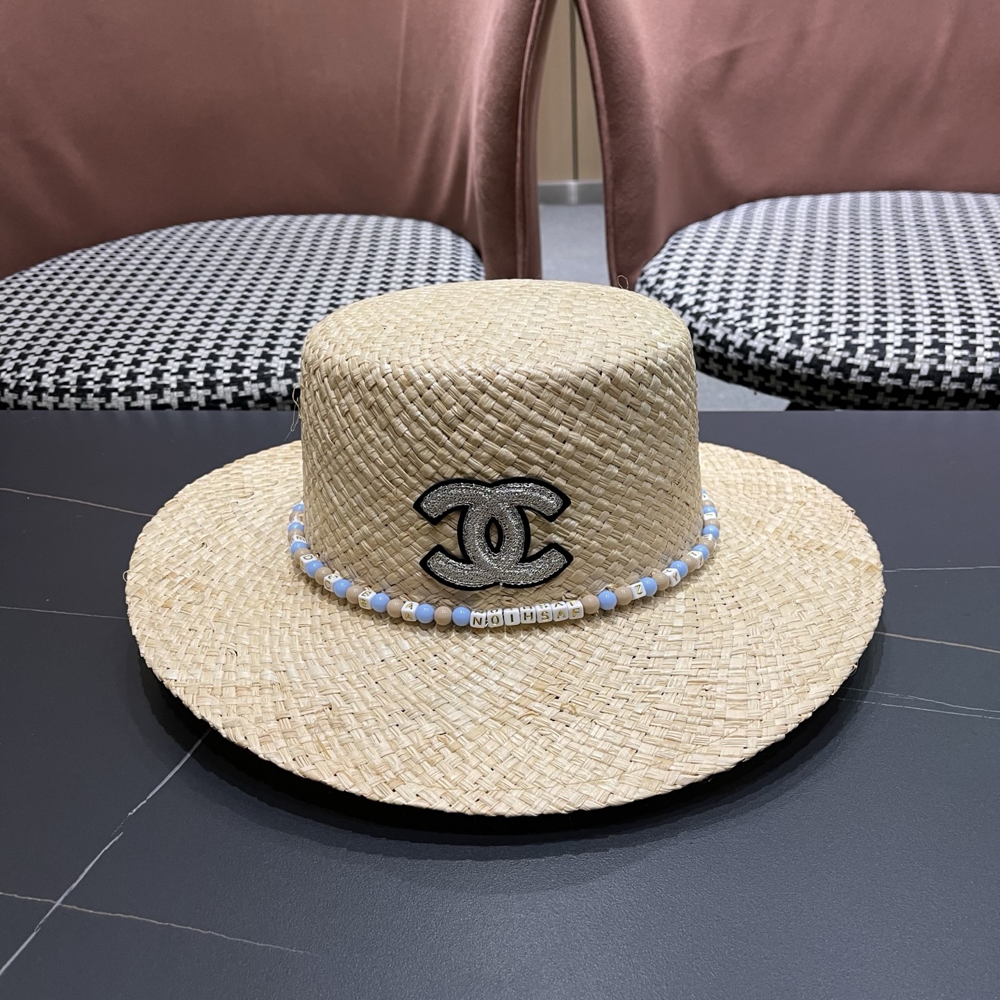 CHANEL香奈儿 简约串珠民族风平顶草帽男女夏季百搭草编防晒遮阳帽子海边沙滩帽