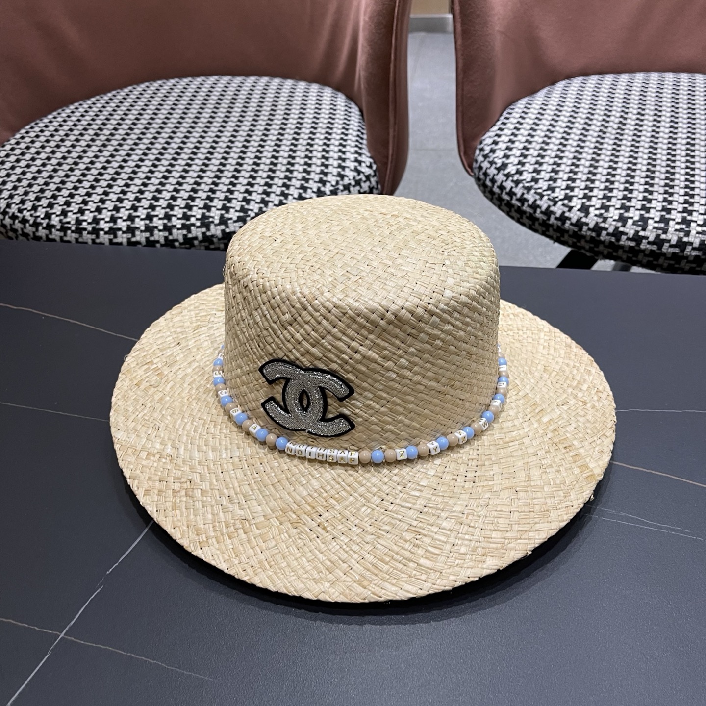 CHANEL香奈儿 简约串珠民族风平顶草帽男女夏季百搭草编防晒遮阳帽子海边沙滩帽