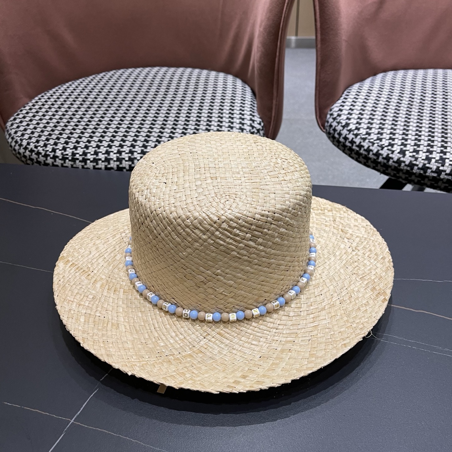 CHANEL香奈儿 简约串珠民族风平顶草帽男女夏季百搭草编防晒遮阳帽子海边沙滩帽