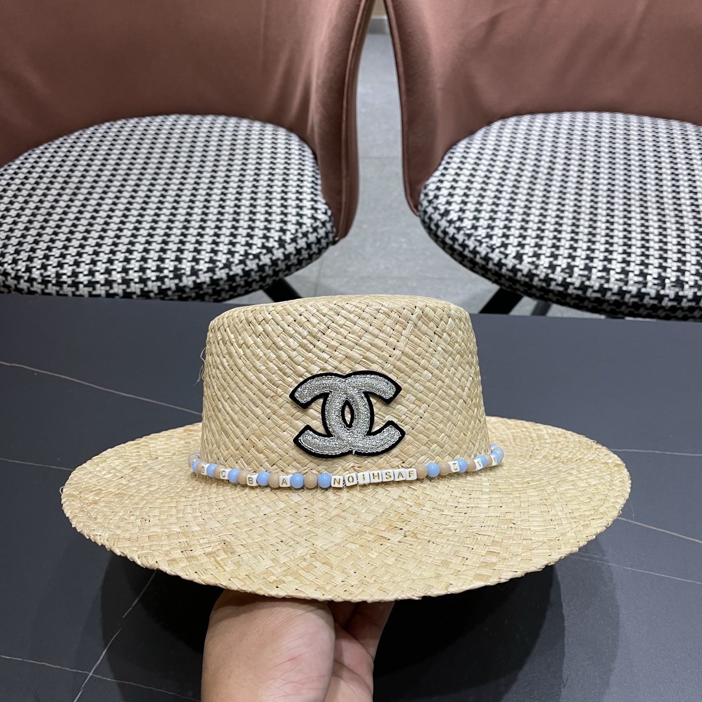 CHANEL香奈儿 简约串珠民族风平顶草帽男女夏季百搭草编防晒遮阳帽子海边沙滩帽