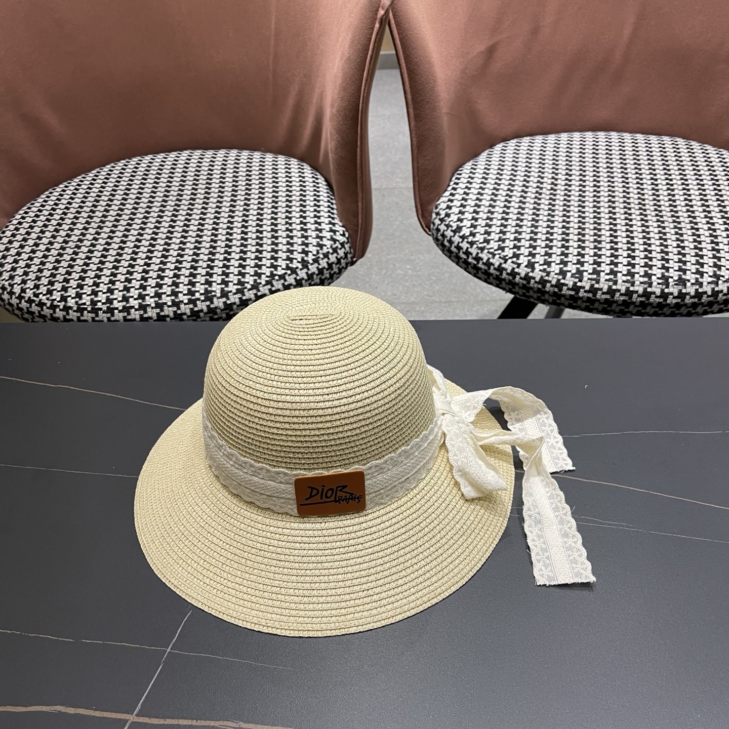 Dior迪奥 新款沙滩草帽女春夏韩版蕾丝蝴蝶结海边遮阳帽透气防晒帽