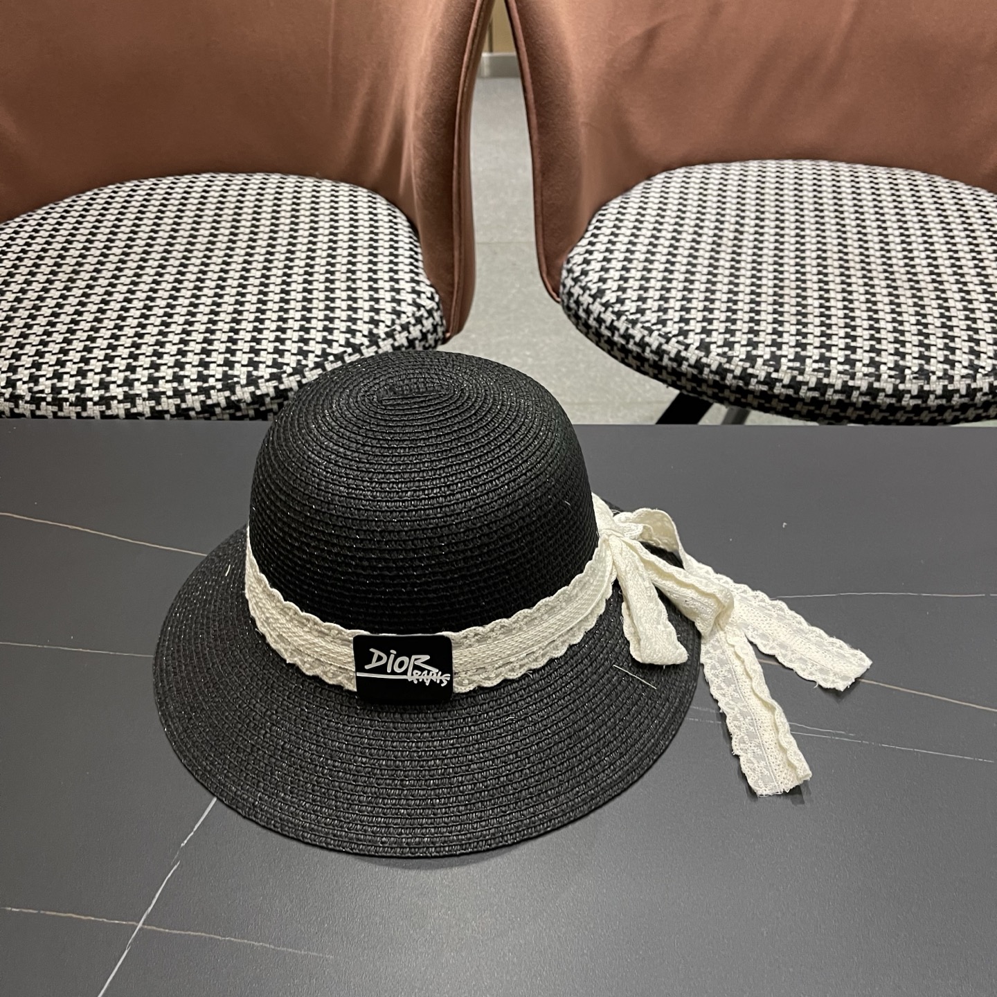 Dior迪奥 新款沙滩草帽女春夏韩版蕾丝蝴蝶结海边遮阳帽透气防晒帽