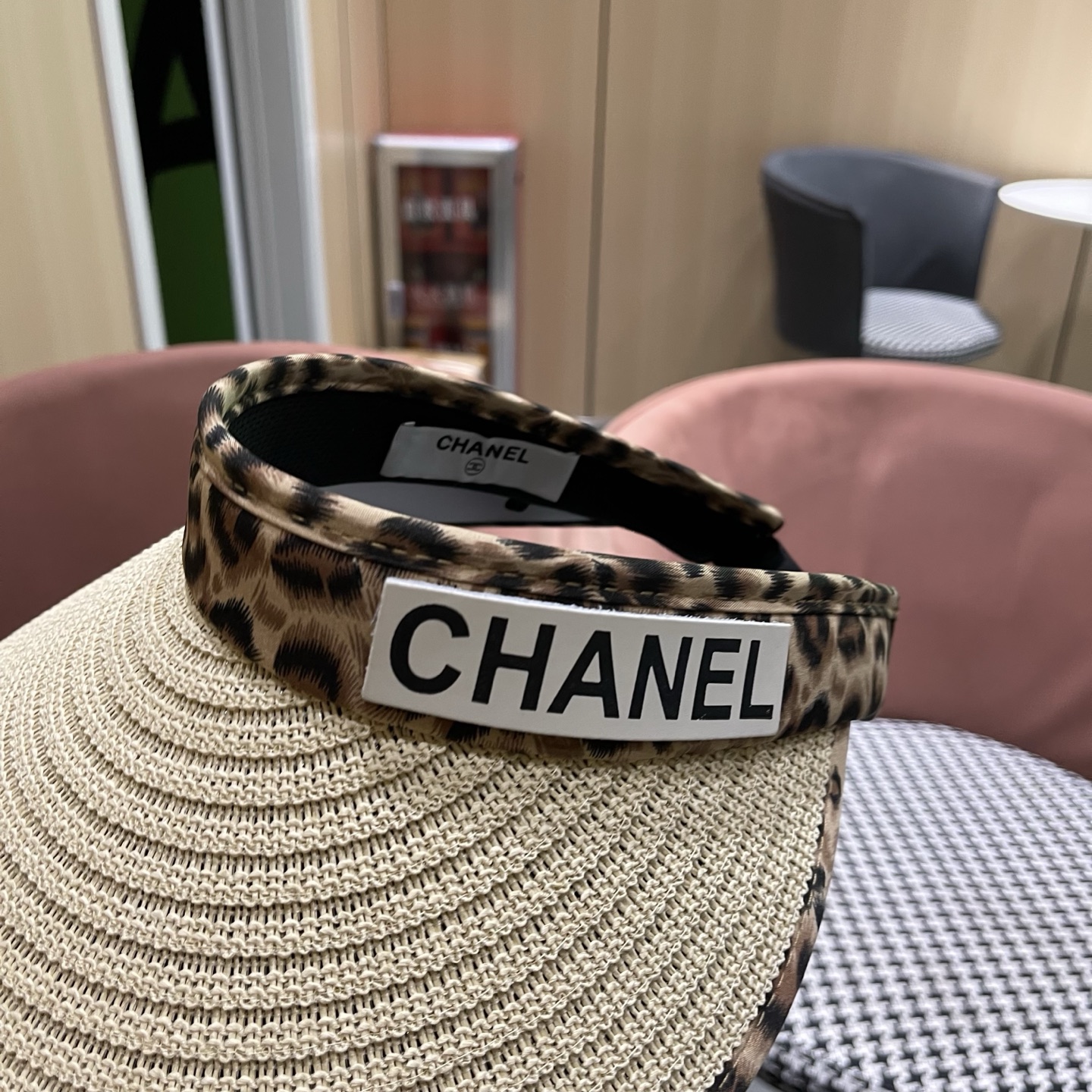 CHANEL香夸儿 赴约夏日～新款豹纹黑胶发箍式空顶防晒帽女户外防紫外线遮阳帽子