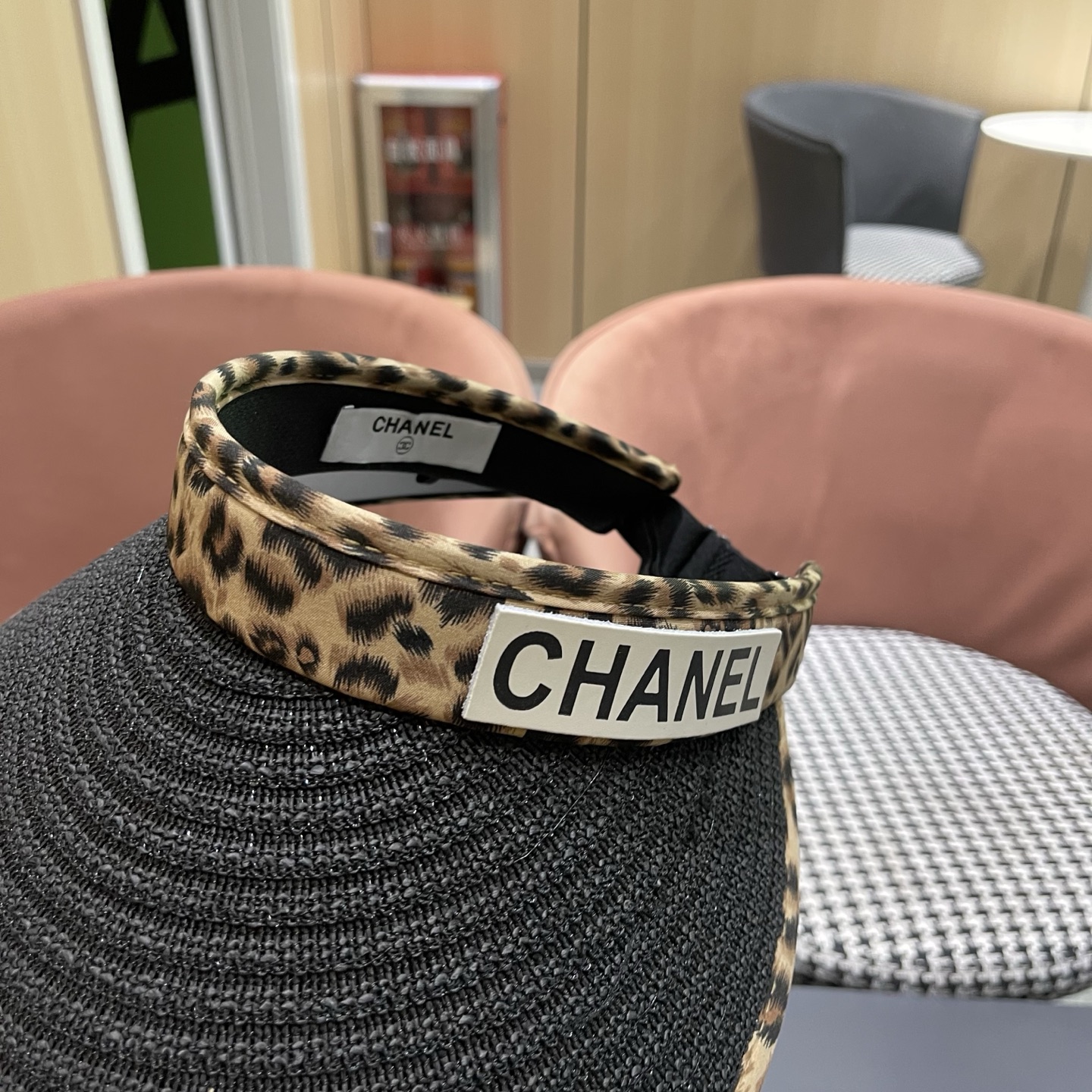 CHANEL香夸儿 赴约夏日～新款豹纹黑胶发箍式空顶防晒帽女户外防紫外线遮阳帽子