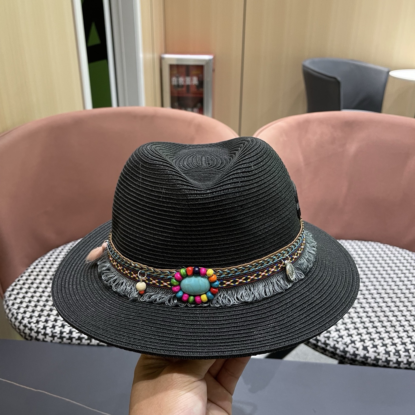 MONCLER（蒙口） 草帽女夏天出游防晒遮阳帽新款民族风爵士帽大檐沙滩帽