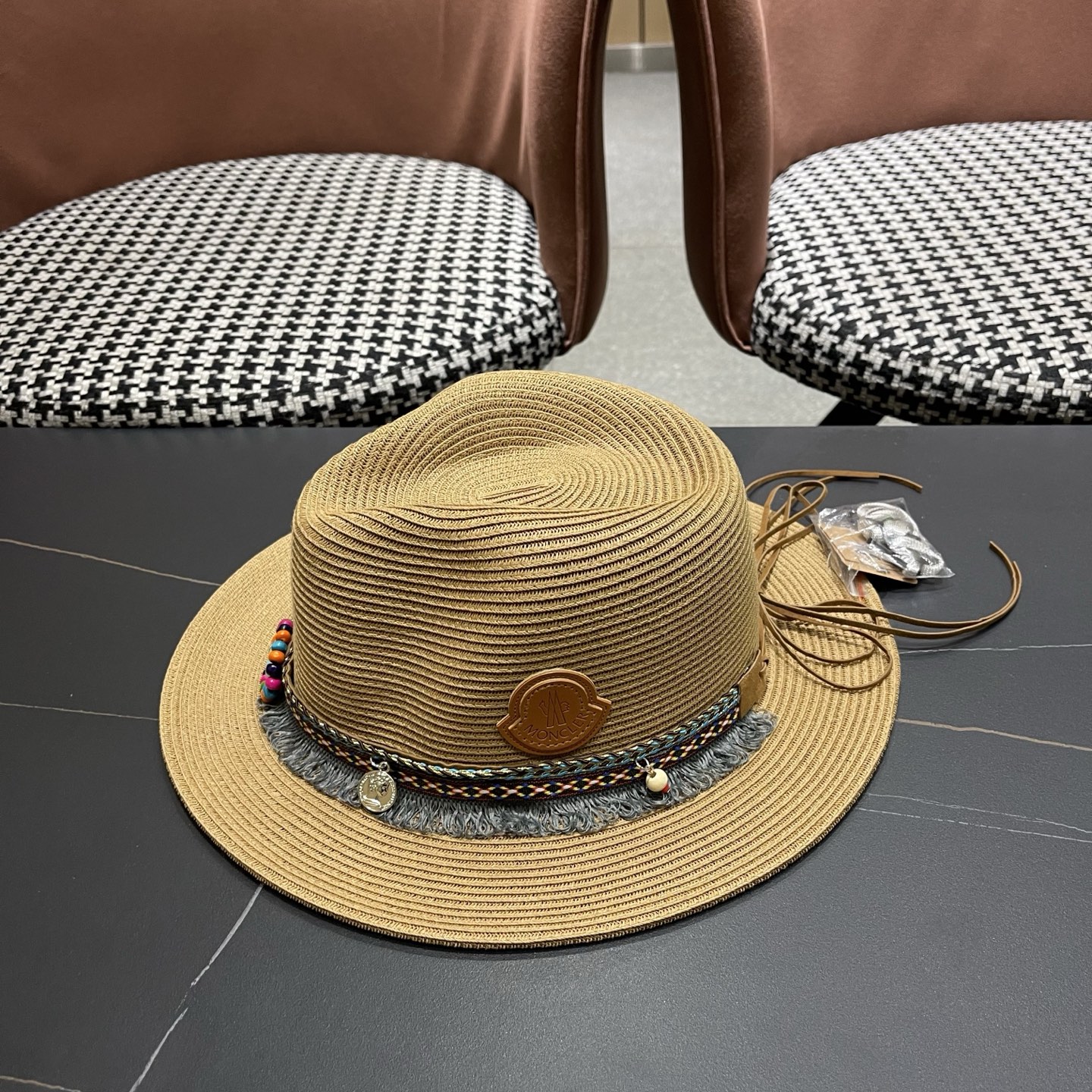 MONCLER（蒙口） 草帽女夏天出游防晒遮阳帽新款民族风爵士帽大檐沙滩帽