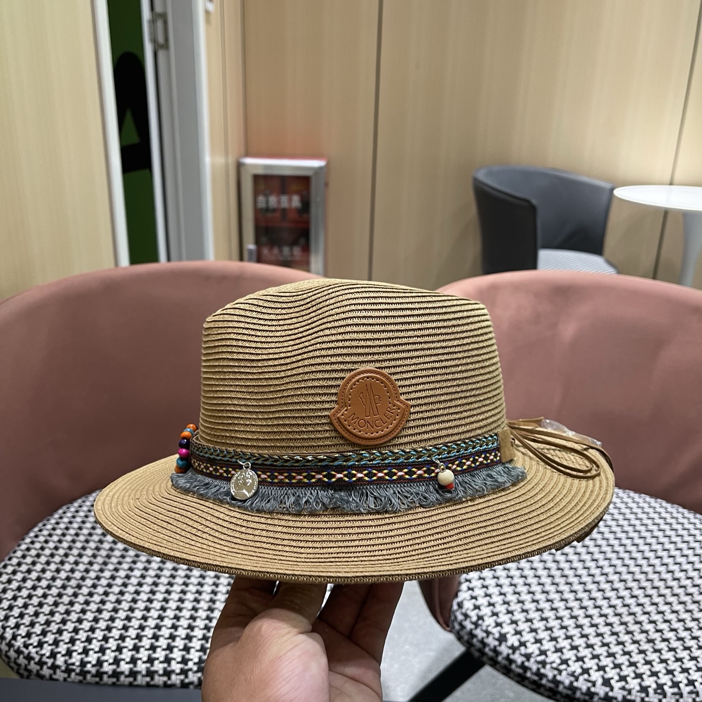 MONCLER（蒙口） 草帽女夏天出游防晒遮阳帽新款民族风爵士帽大檐沙滩帽