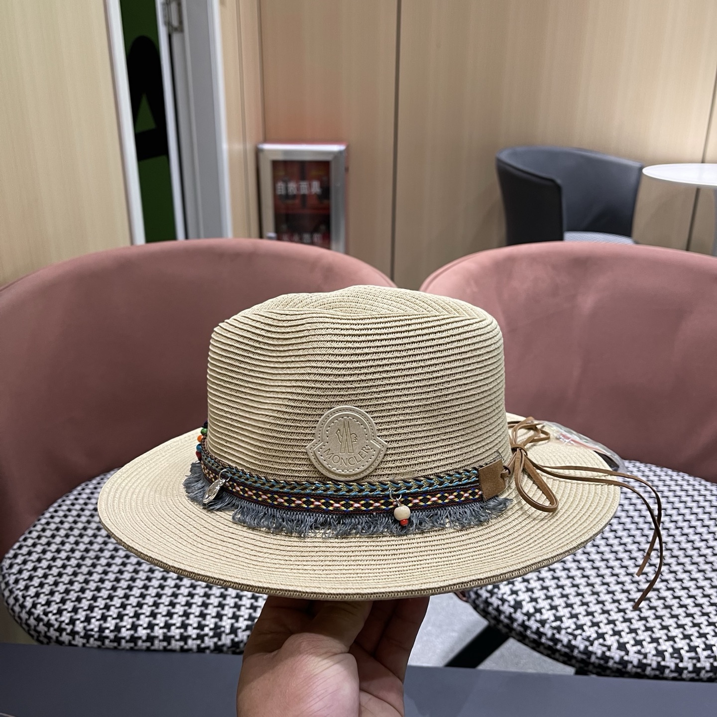 MONCLER（蒙口） 草帽女夏天出游防晒遮阳帽新款民族风爵士帽大檐沙滩帽