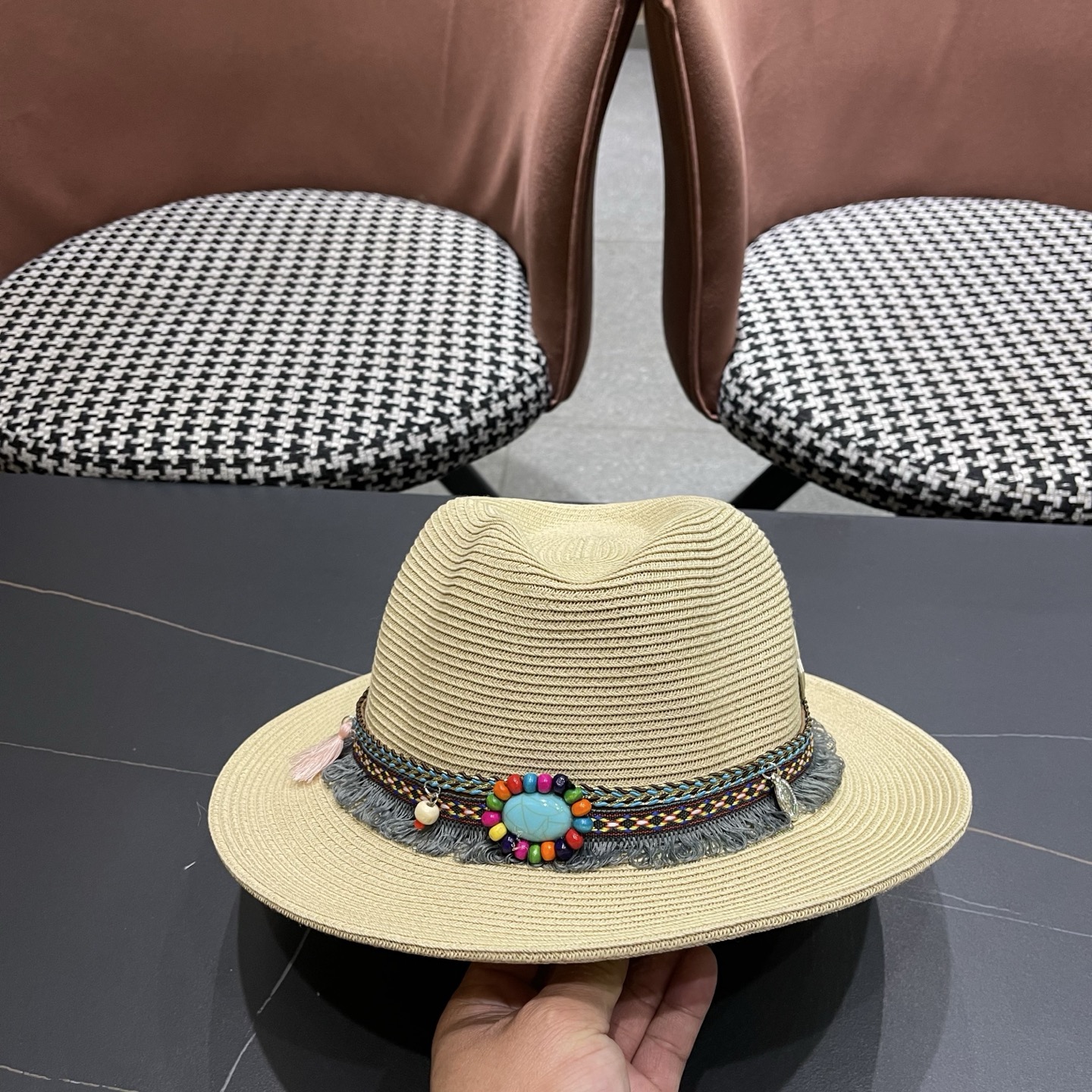 MONCLER（蒙口） 草帽女夏天出游防晒遮阳帽新款民族风爵士帽大檐沙滩帽