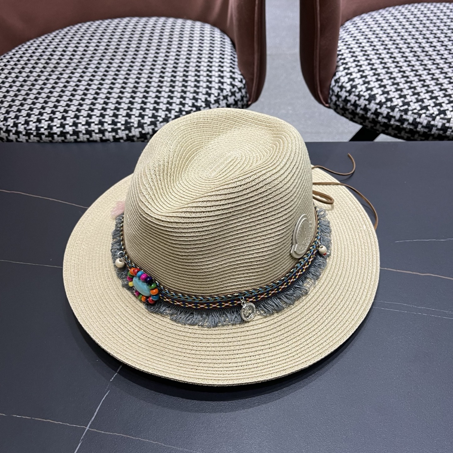 MONCLER（蒙口） 草帽女夏天出游防晒遮阳帽新款民族风爵士帽大檐沙滩帽