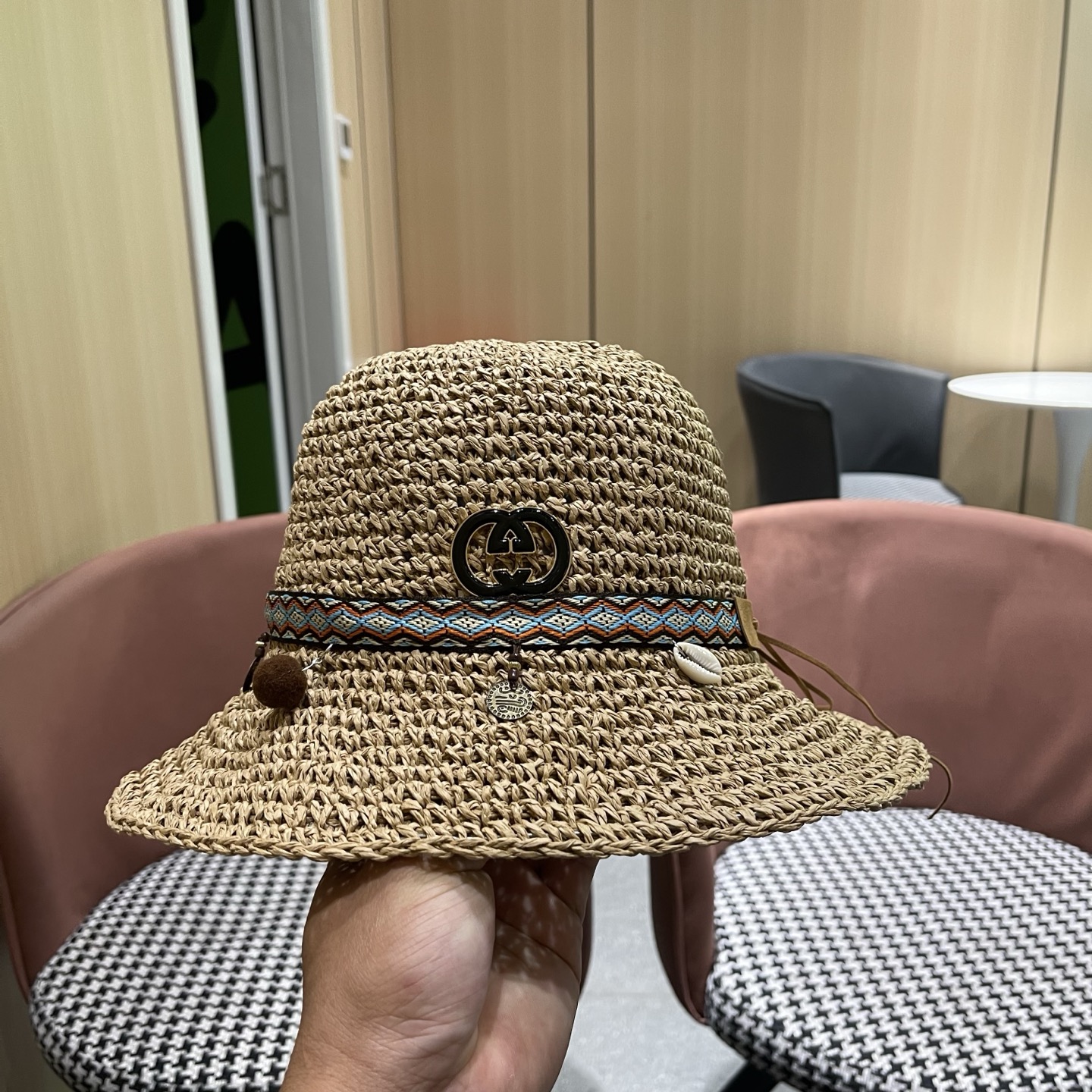 Gucci古奇新款四季款小渔夫镂空渔夫帽手工编织小桶帽，清新小甜心色系超🉑