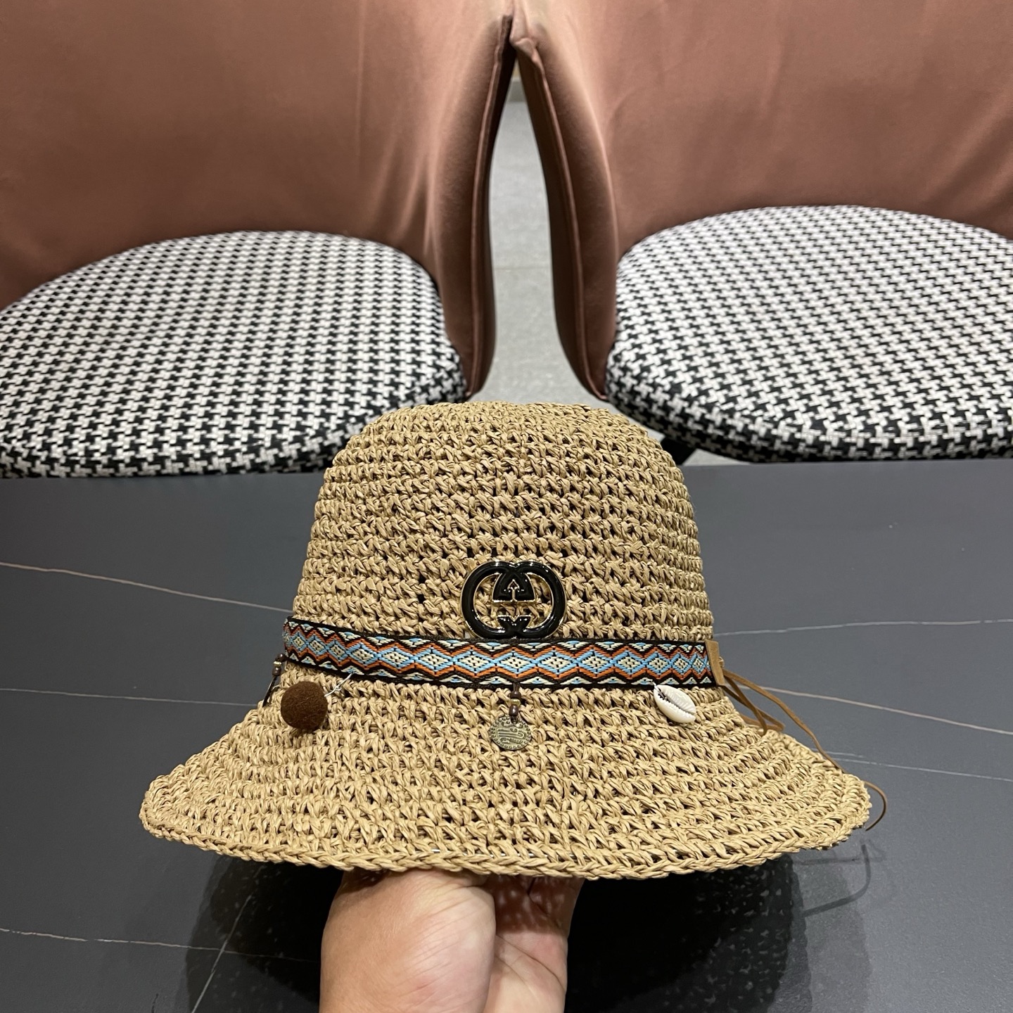 Gucci古奇新款四季款小渔夫镂空渔夫帽手工编织小桶帽，清新小甜心色系超🉑