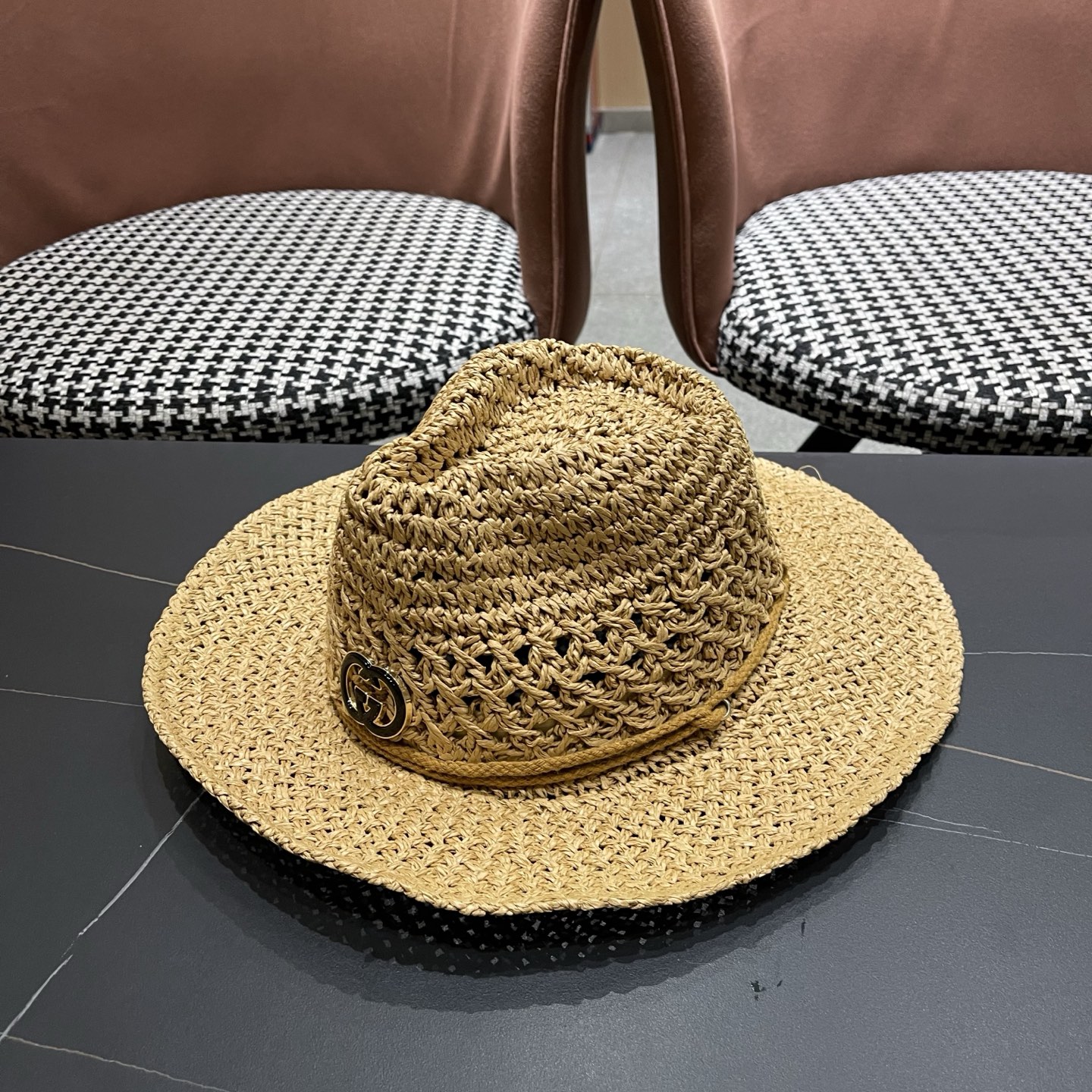 古奇Gucci 加大檐草帽女夏季出游防晒遮阳帽日系复古度假凉帽海边沙滩帽子潮