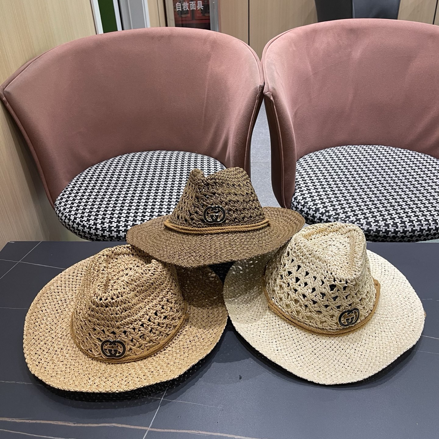 古奇Gucci 加大檐草帽女夏季出游防晒遮阳帽日系复古度假凉帽海边沙滩帽子潮