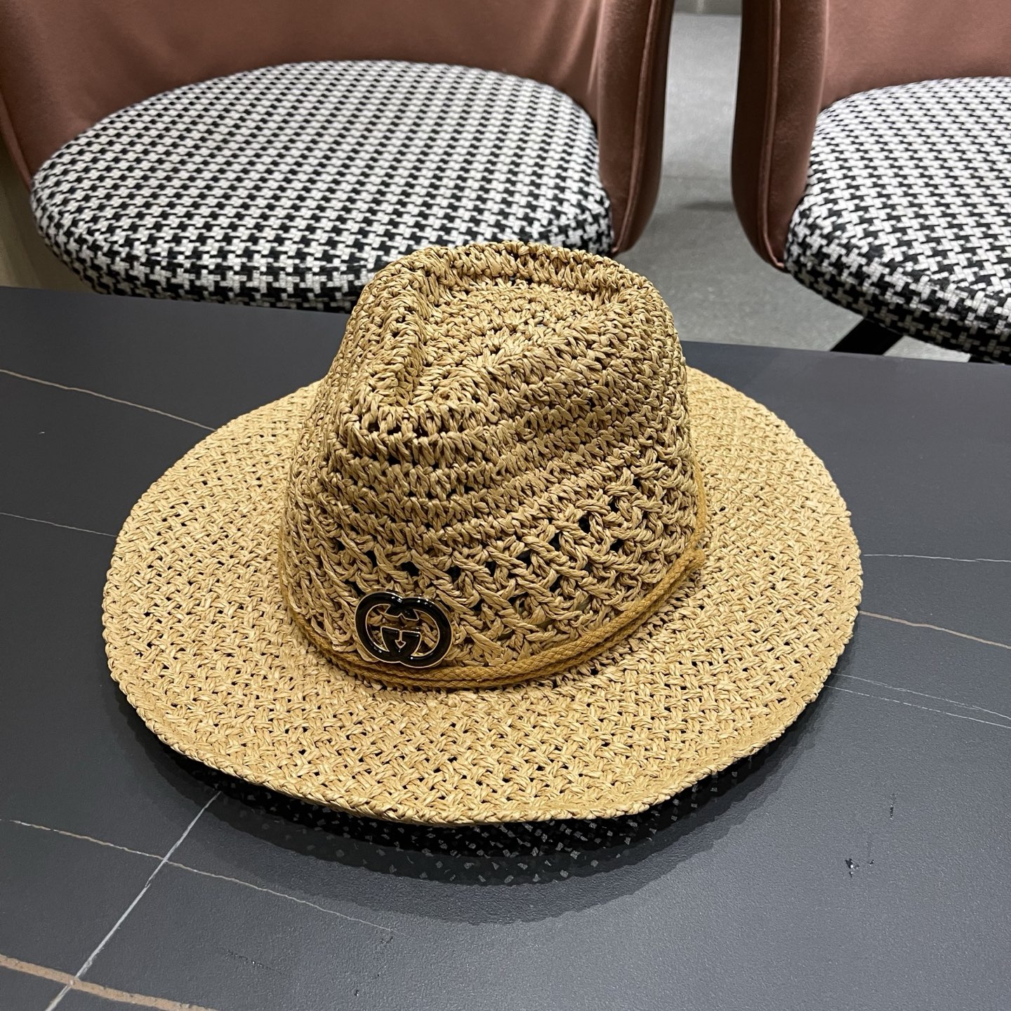 古奇Gucci 加大檐草帽女夏季出游防晒遮阳帽日系复古度假凉帽海边沙滩帽子潮