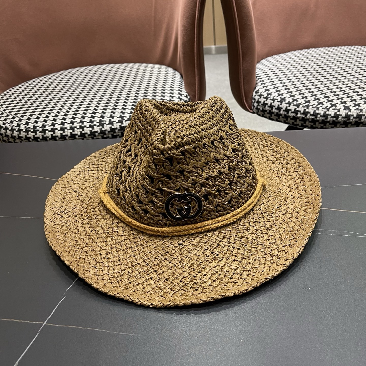 古奇Gucci 加大檐草帽女夏季出游防晒遮阳帽日系复古度假凉帽海边沙滩帽子潮