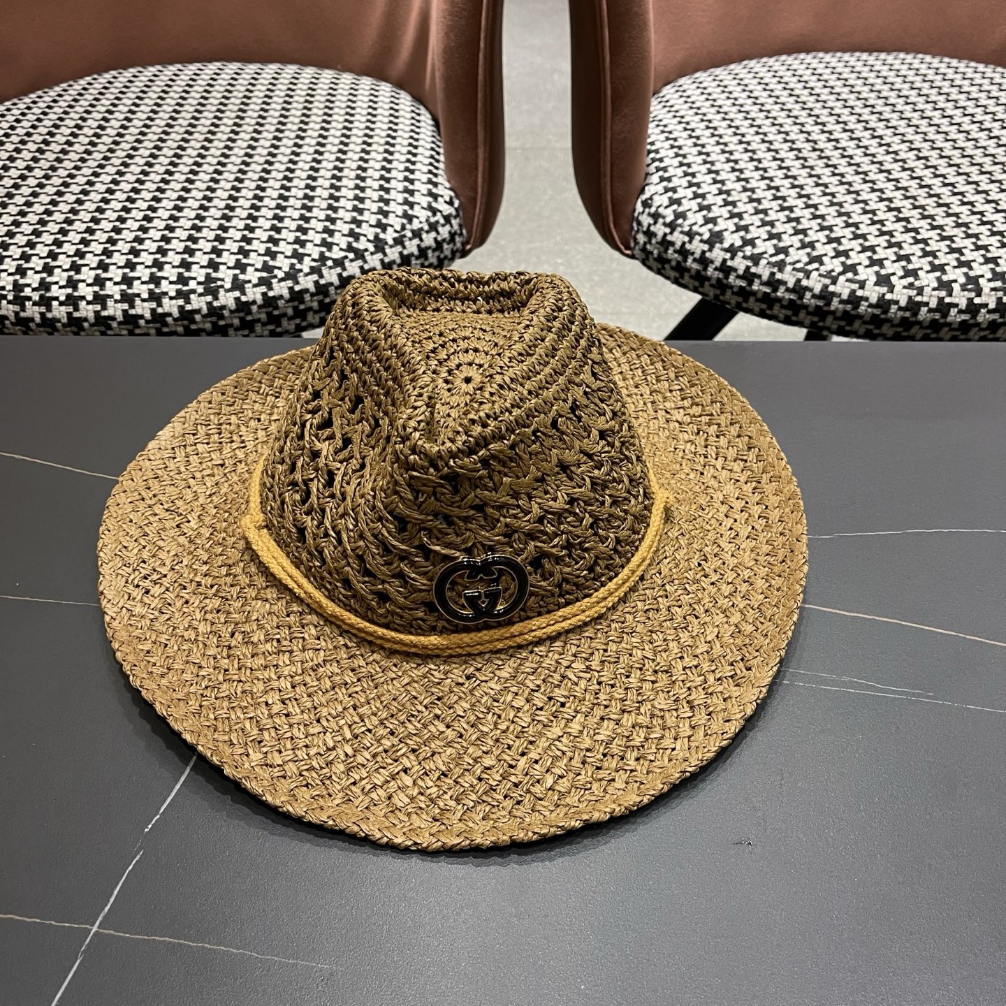 古奇Gucci 加大檐草帽女夏季出游防晒遮阳帽日系复古度假凉帽海边沙滩帽子潮