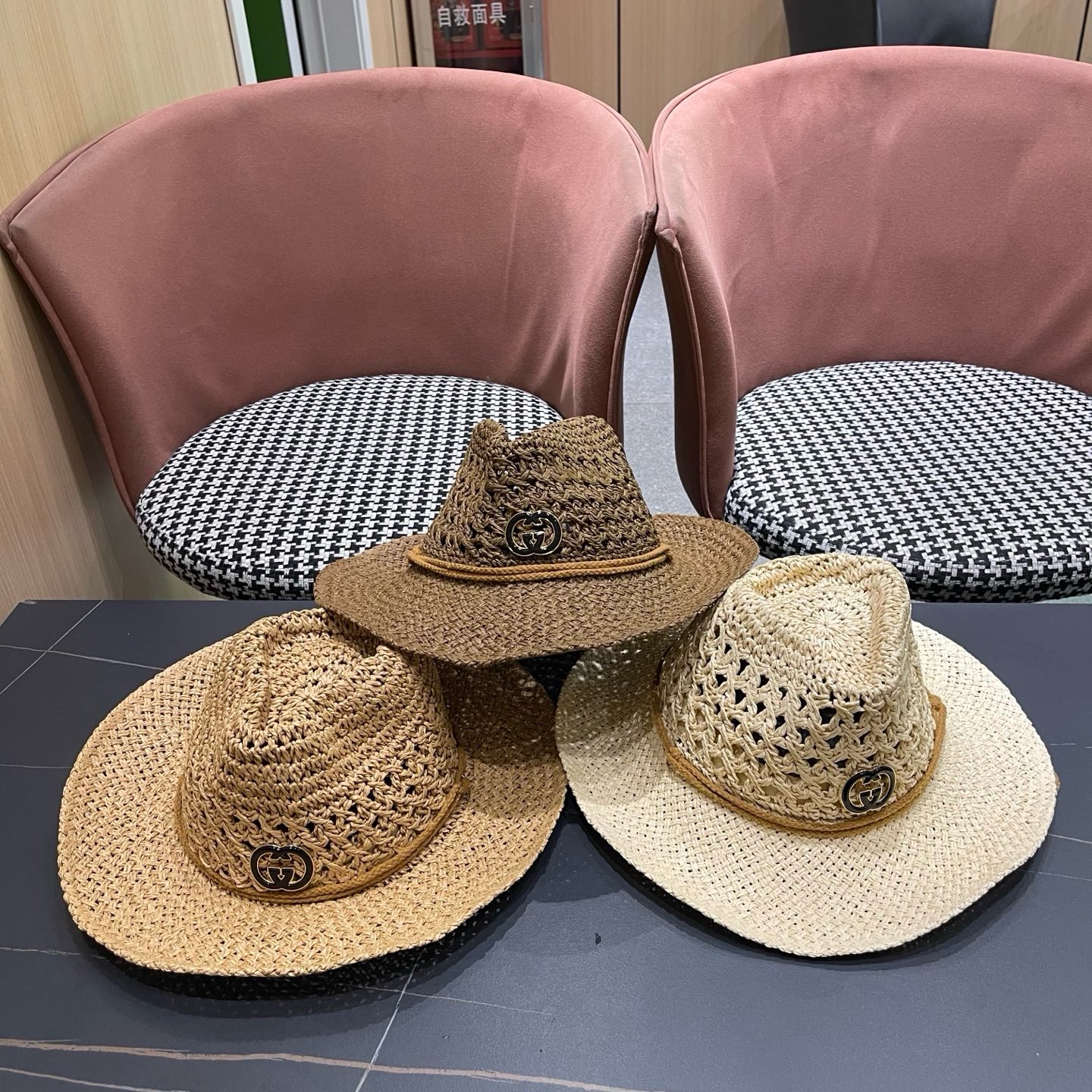 古奇Gucci 加大檐草帽女夏季出游防晒遮阳帽日系复古度假凉帽海边沙滩帽子潮