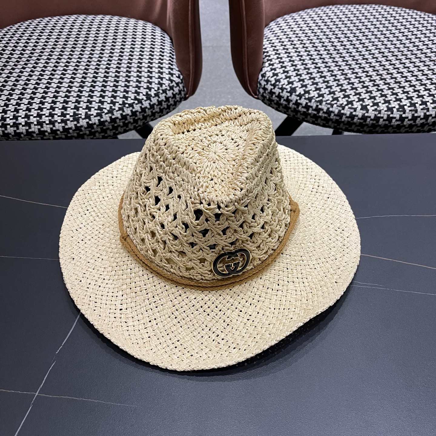 古奇Gucci 加大檐草帽女夏季出游防晒遮阳帽日系复古度假凉帽海边沙滩帽子潮