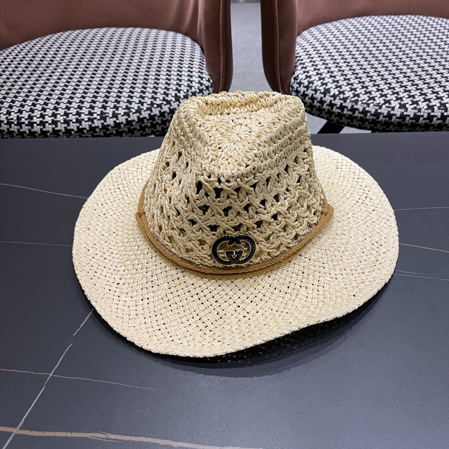 古奇Gucci 加大檐草帽女夏季出游防晒遮阳帽日系复古度假凉帽海边沙滩帽子潮