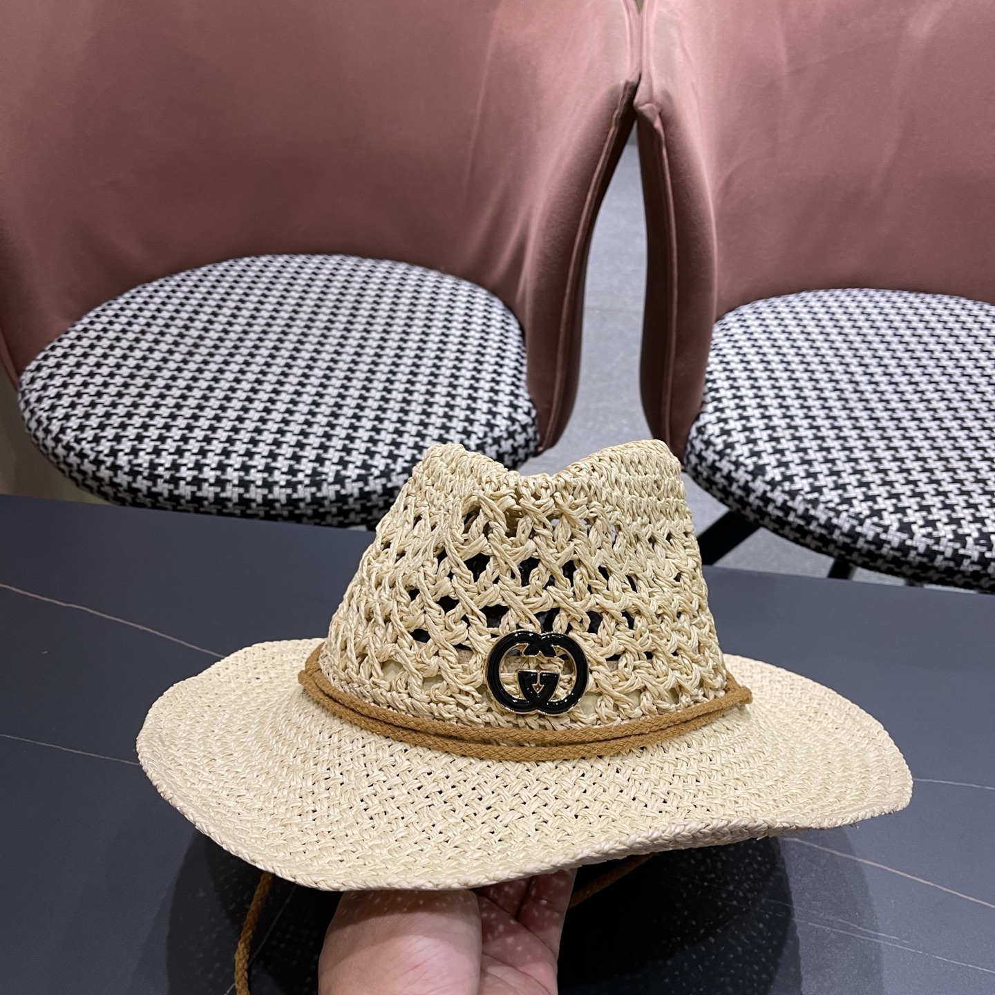 古奇Gucci 加大檐草帽女夏季出游防晒遮阳帽日系复古度假凉帽海边沙滩帽子潮