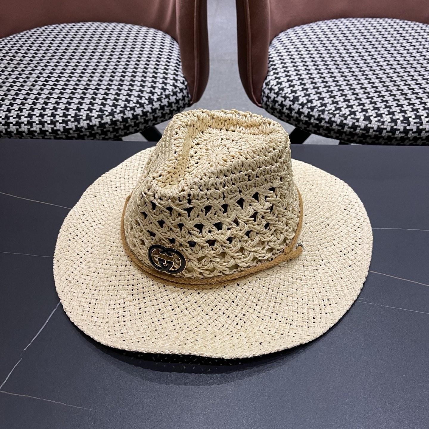 古奇Gucci 加大檐草帽女夏季出游防晒遮阳帽日系复古度假凉帽海边沙滩帽子潮