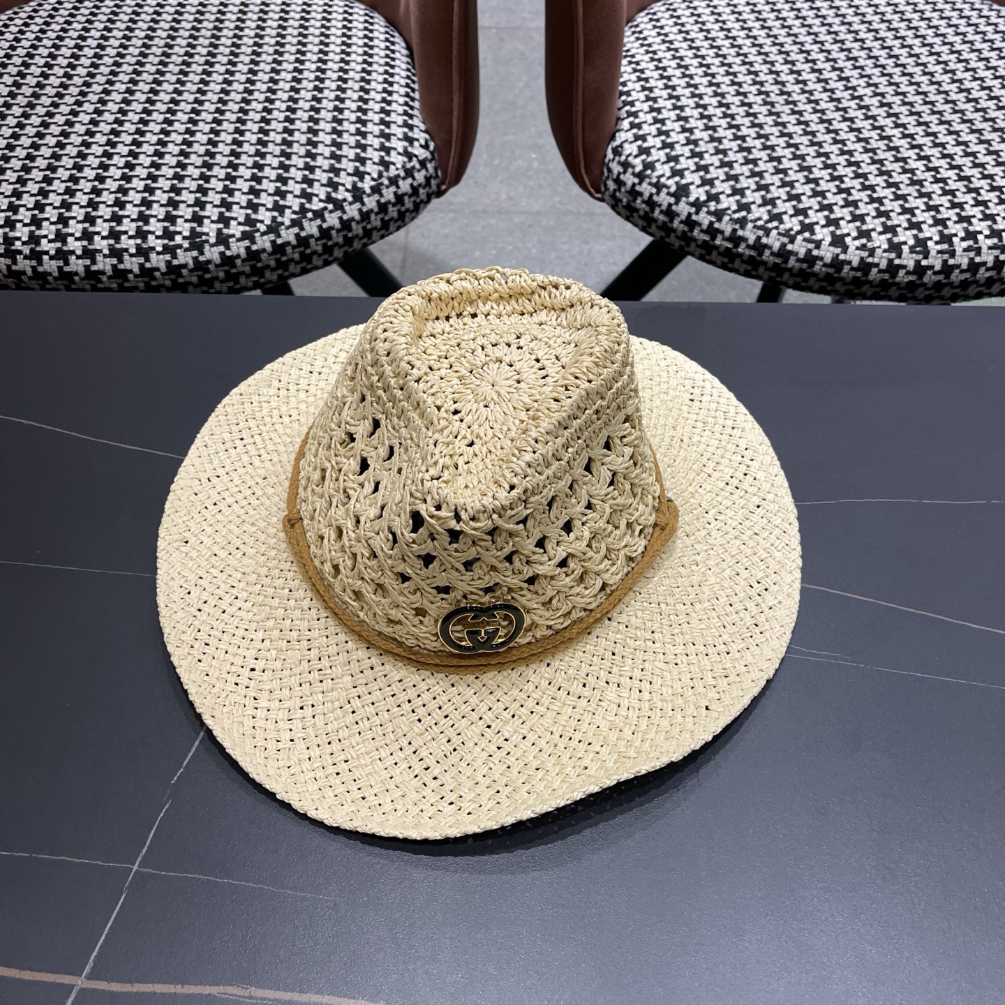 古奇Gucci 加大檐草帽女夏季出游防晒遮阳帽日系复古度假凉帽海边沙滩帽子潮