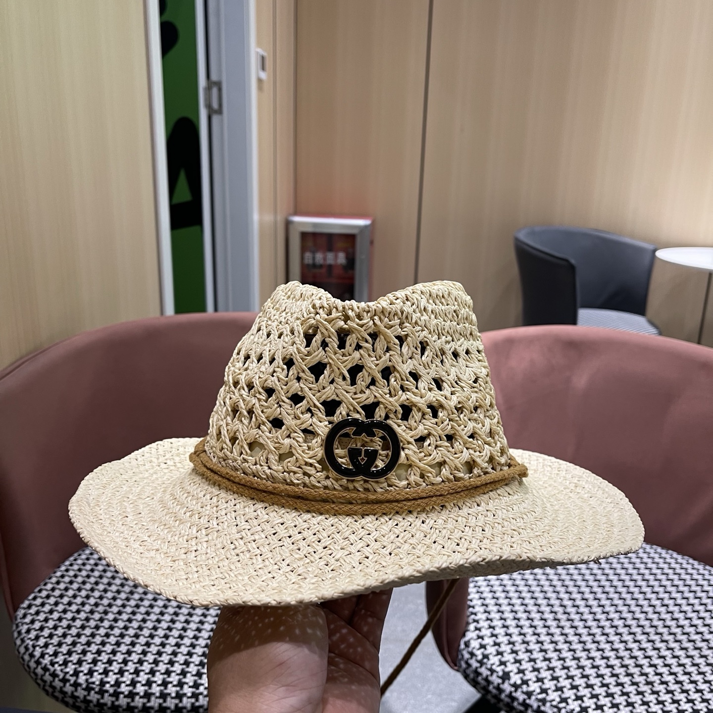 古奇Gucci 加大檐草帽女夏季出游防晒遮阳帽日系复古度假凉帽海边沙滩帽子潮