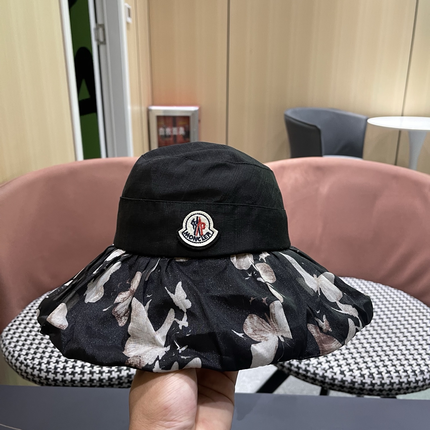 MONCLER（蒙口）印花遮阳帽女春夏季可折叠防晒太阳帽旅游渔夫帽夏