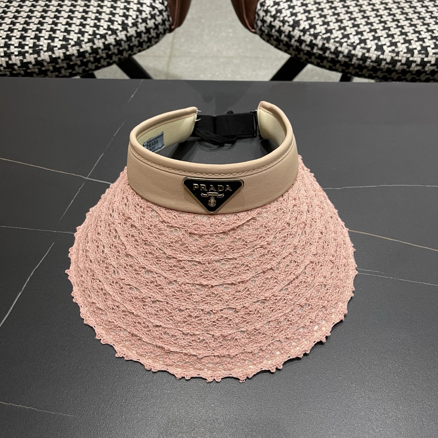 PRADA普拉达 夏季蕾丝遮阳帽子女款2026新款海边沙滩大檐发箍百搭防晒帽空顶帽