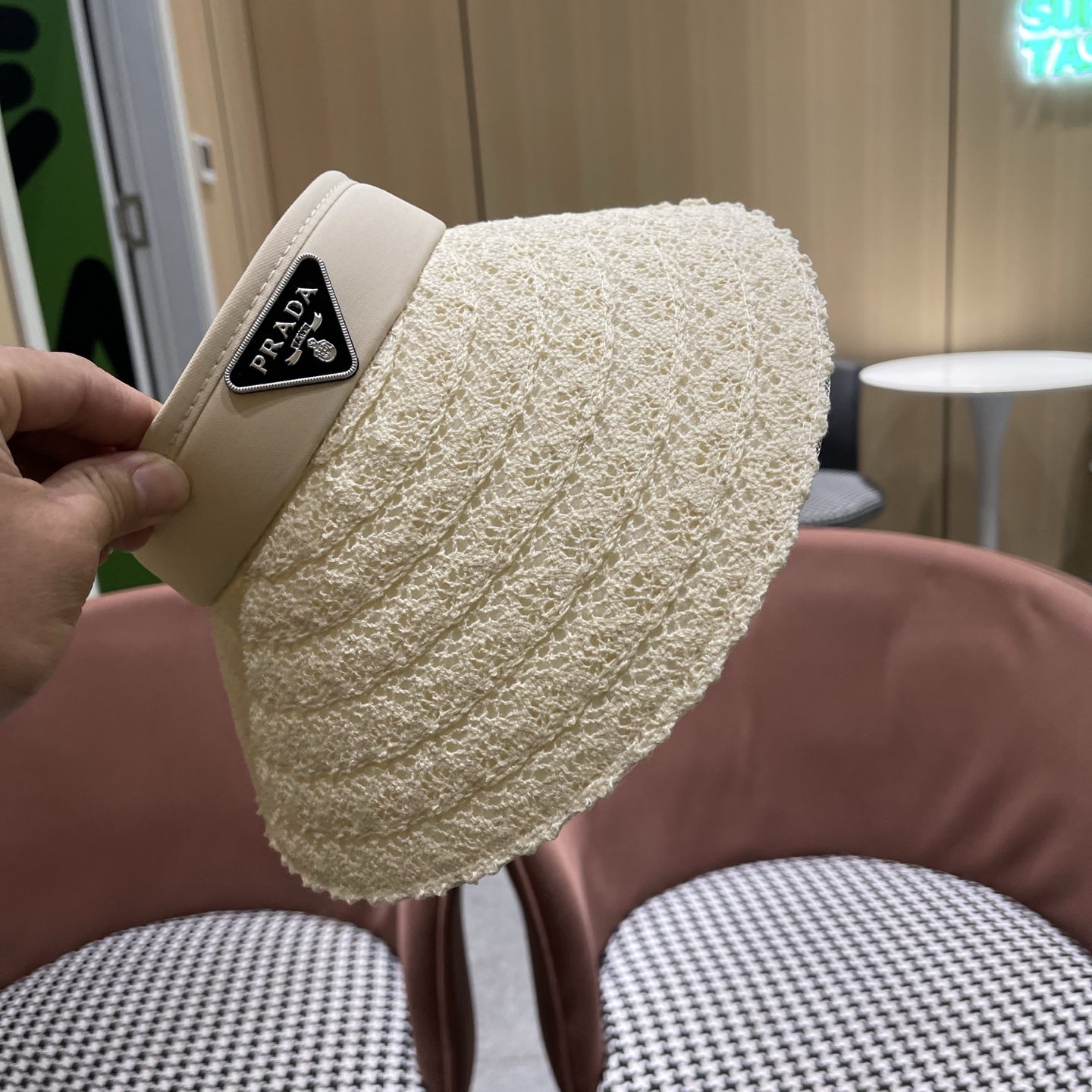 PRADA普拉达 夏季蕾丝遮阳帽子女款2026新款海边沙滩大檐发箍百搭防晒帽空顶帽