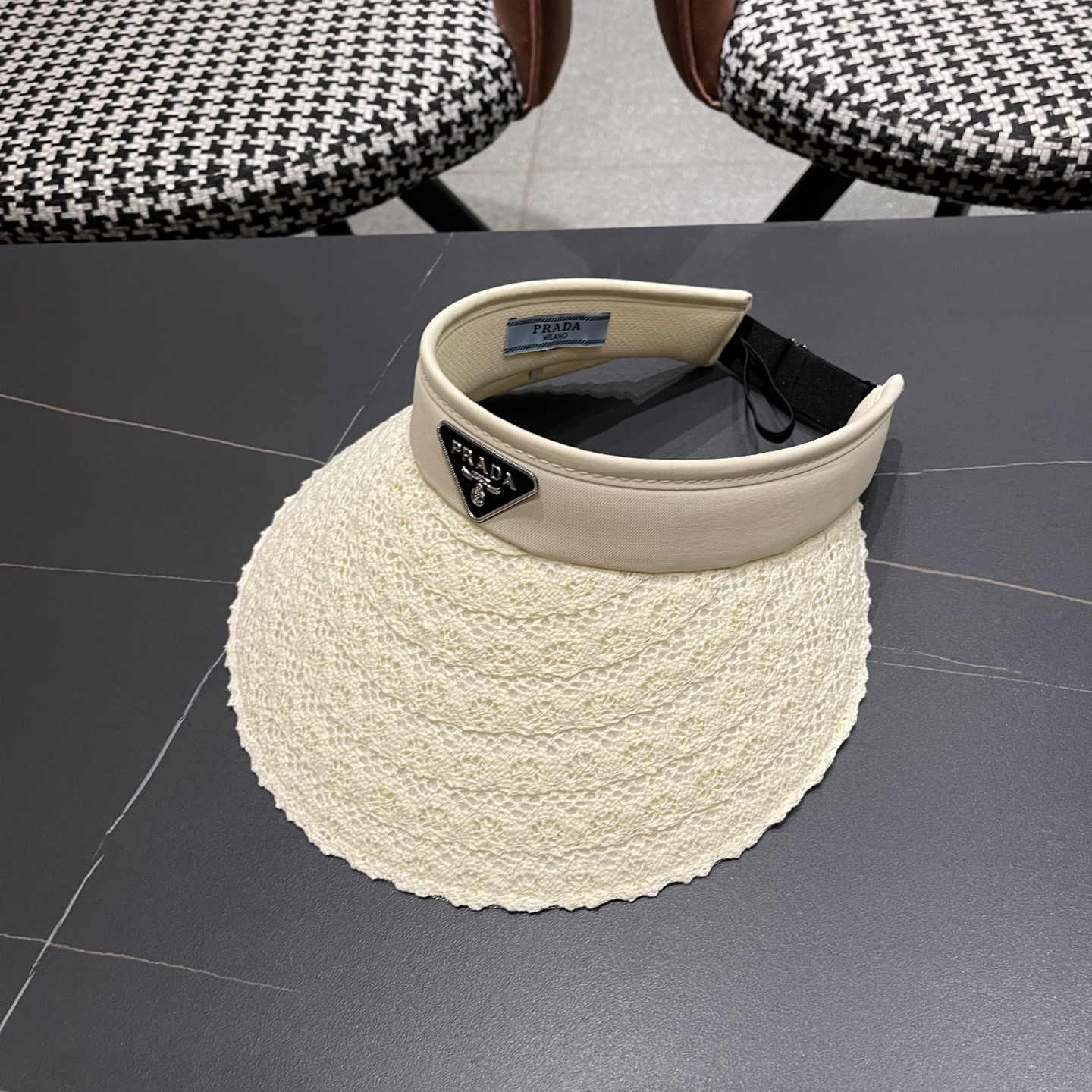 PRADA普拉达 夏季蕾丝遮阳帽子女款2026新款海边沙滩大檐发箍百搭防晒帽空顶帽