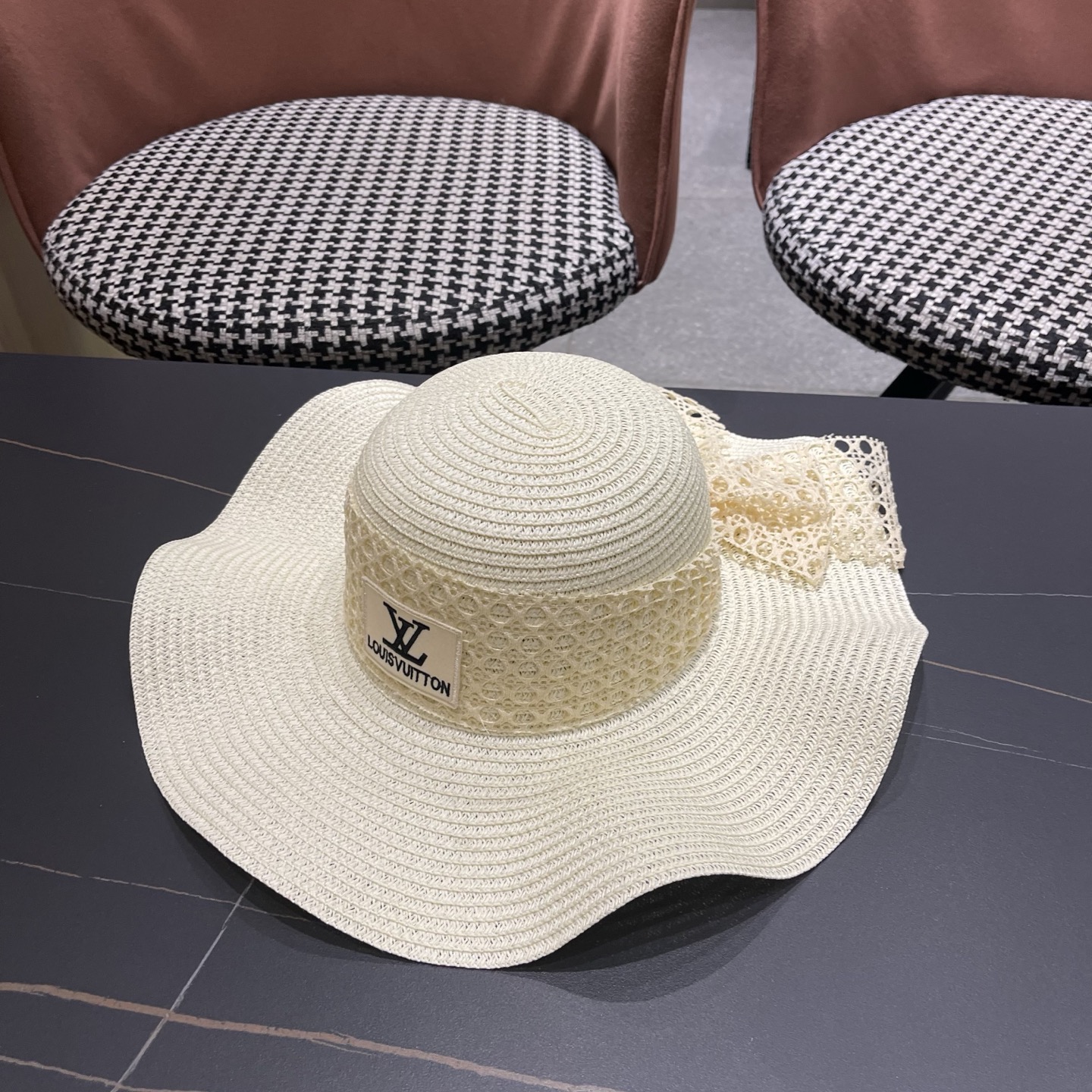 LV路易威登 夏天蝴蝶结遮阳帽女 海边沙滩度假防晒帽户外大檐太阳帽甜美草帽