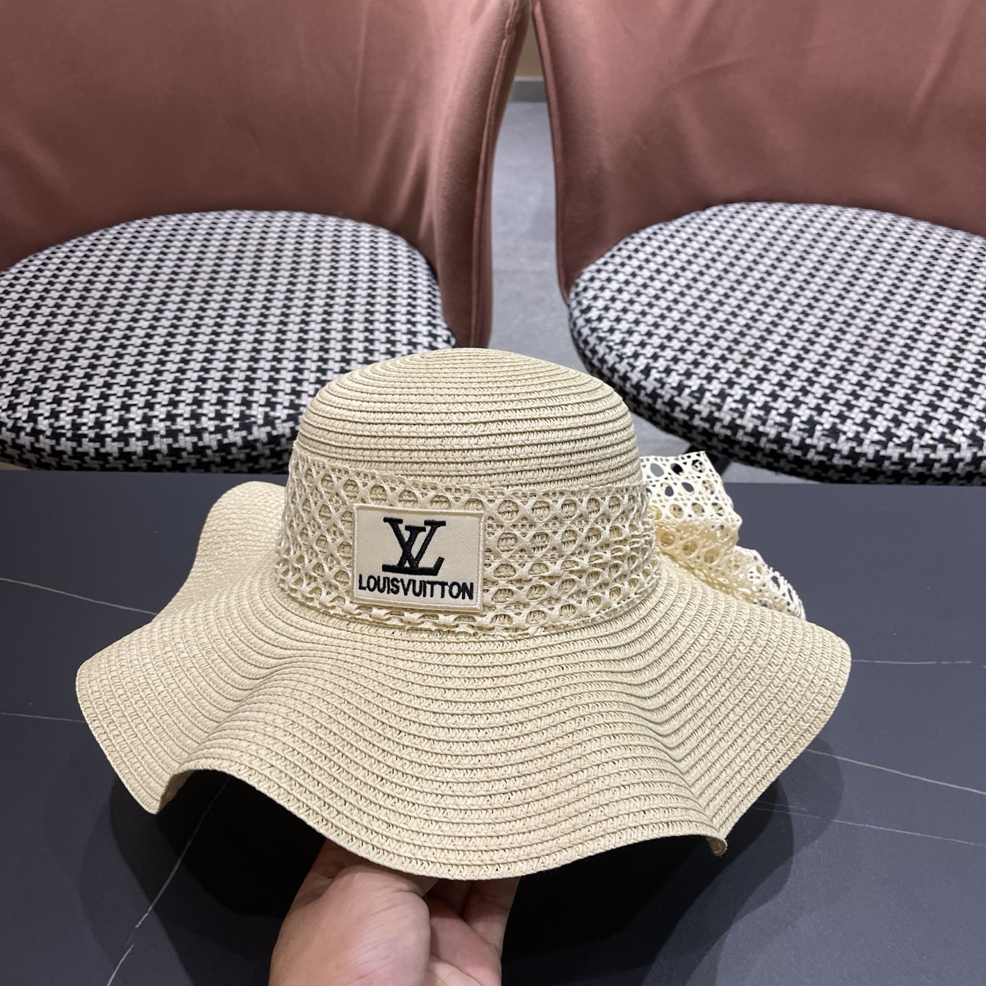 LV路易威登 夏天蝴蝶结遮阳帽女 海边沙滩度假防晒帽户外大檐太阳帽甜美草帽