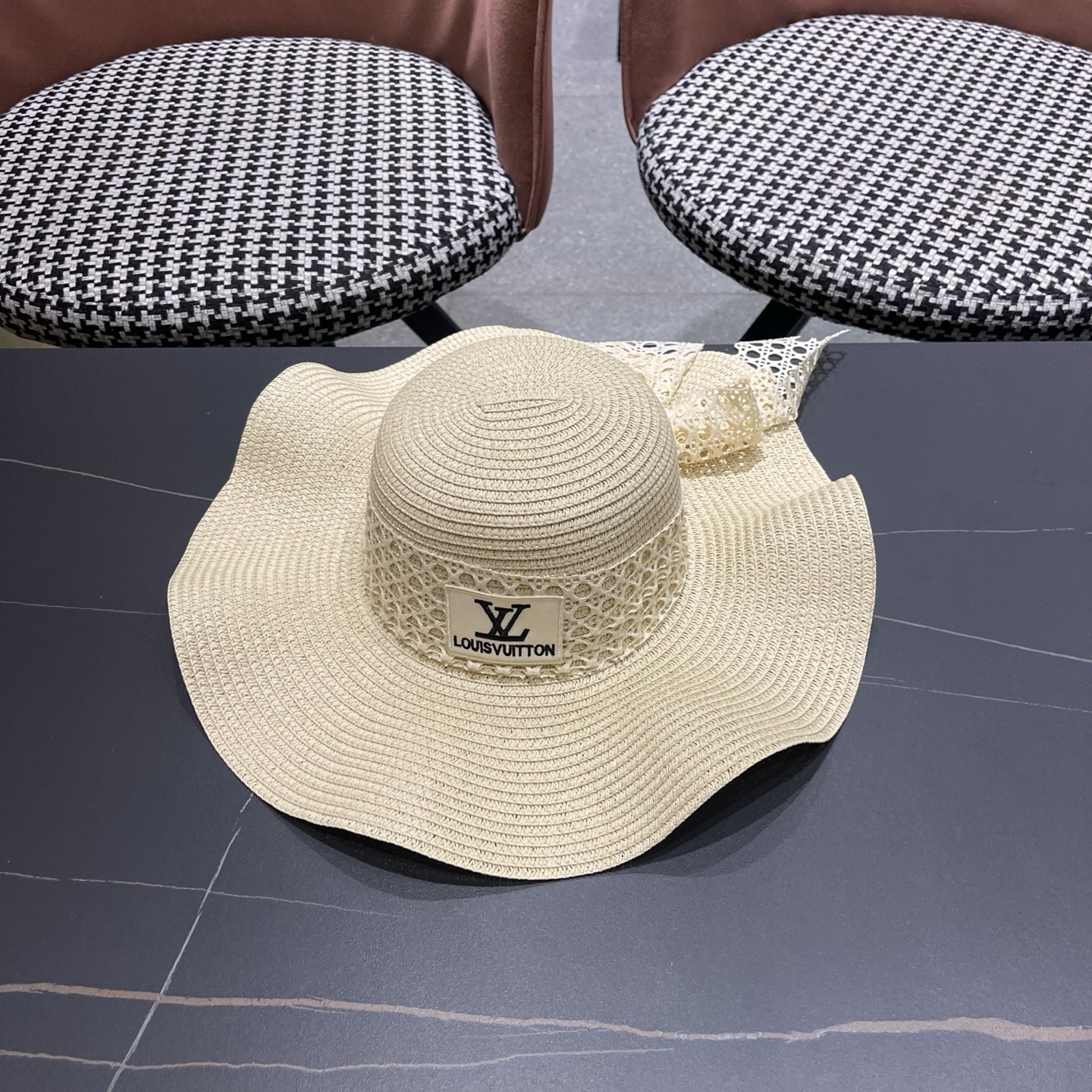 LV路易威登 夏天蝴蝶结遮阳帽女 海边沙滩度假防晒帽户外大檐太阳帽甜美草帽