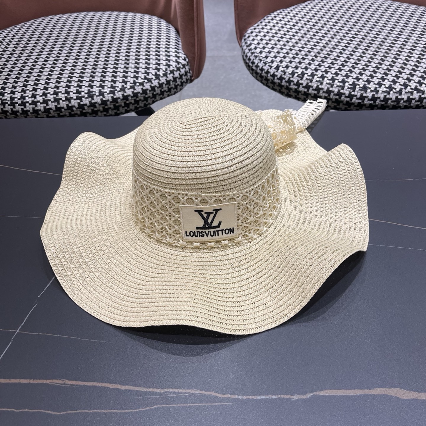 LV路易威登 夏天蝴蝶结遮阳帽女 海边沙滩度假防晒帽户外大檐太阳帽甜美草帽