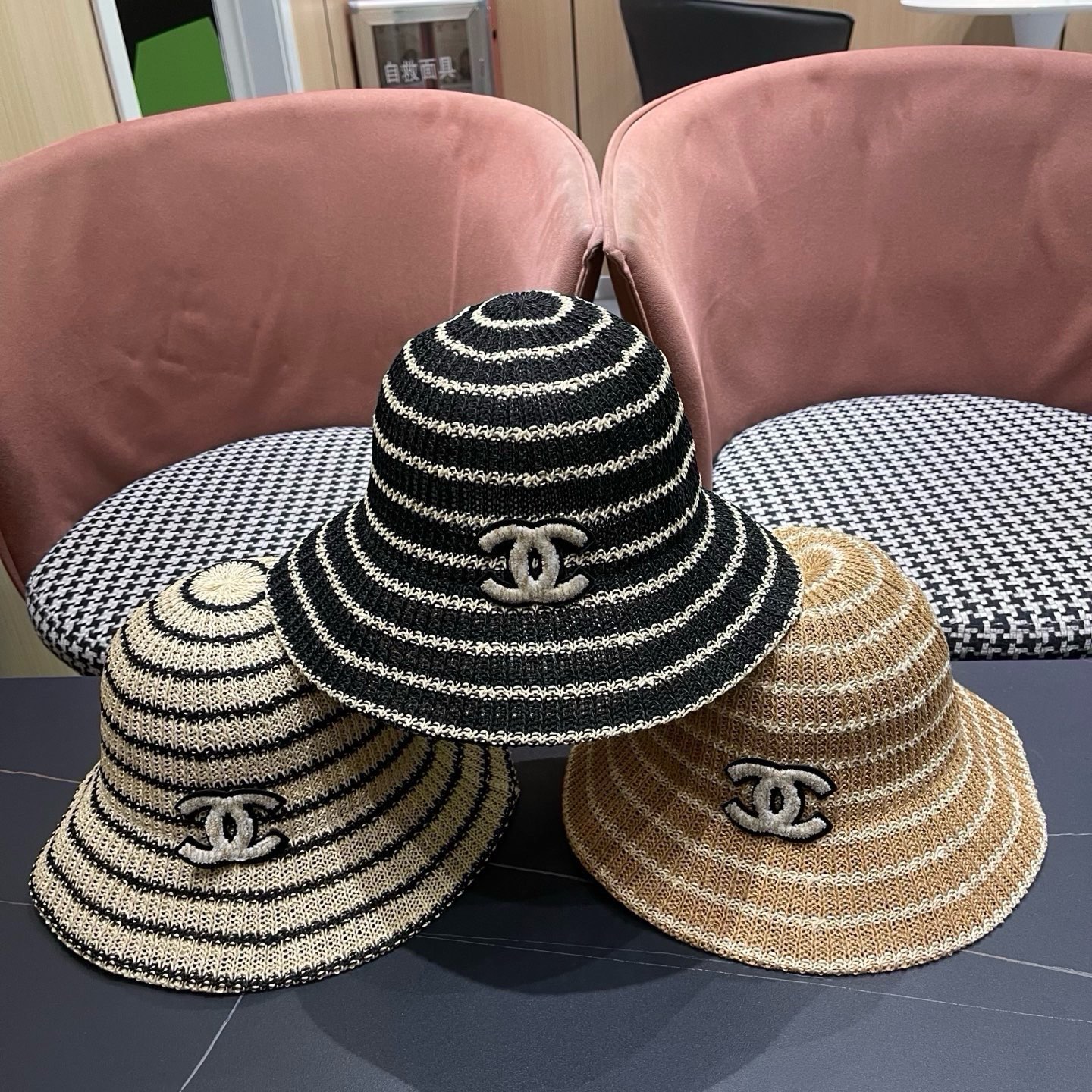 CHANEL香奈儿 日系条纹渔夫帽女春夏透气遮阳水桶帽时尚针织盆帽文艺防晒太阳帽