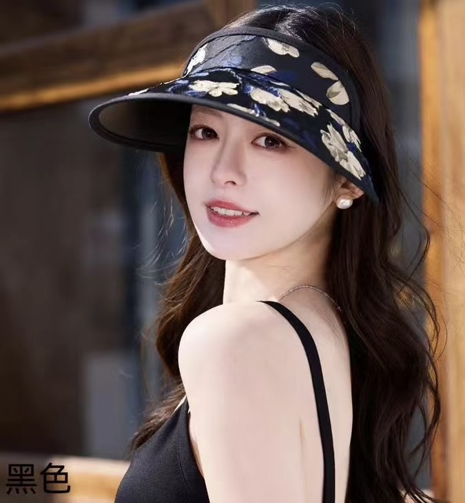 PRADA普拉达 户外韩国进口防晒帽女春宽檐防uv花朵遮阳发箍空顶太阳帽