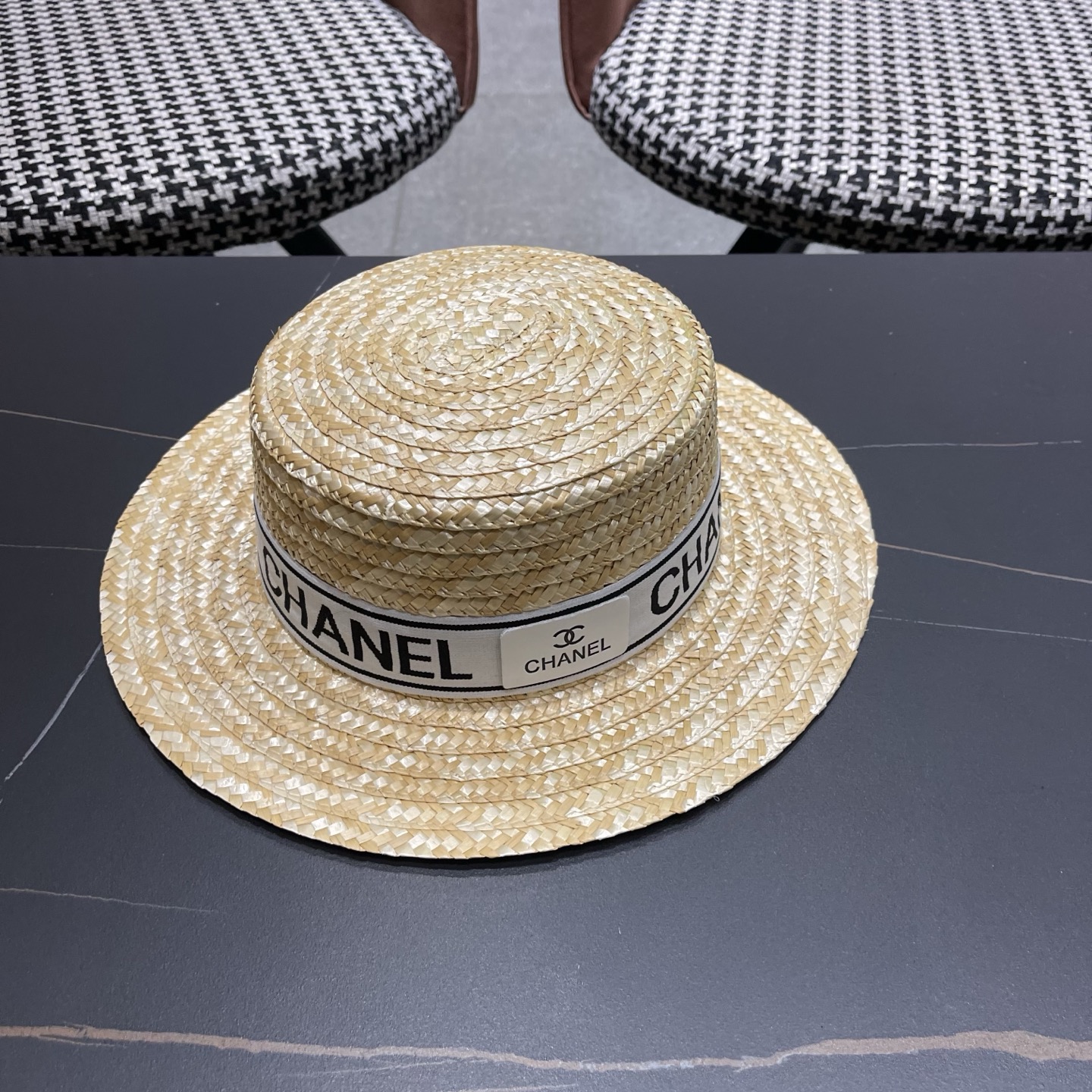 Chanel香奈儿麦秆草平顶礼帽，头围57cm