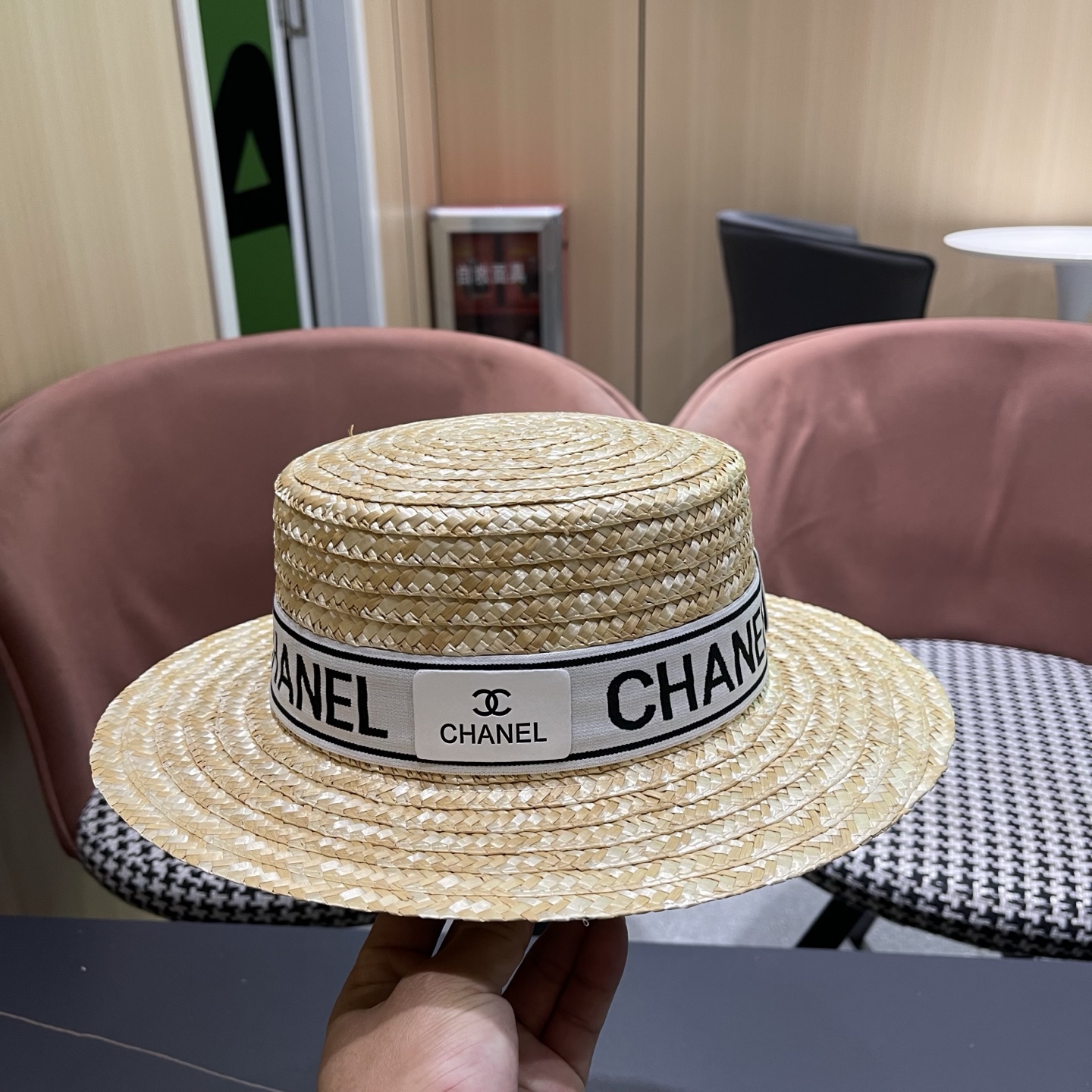 Chanel香奈儿麦秆草平顶礼帽，头围57cm
